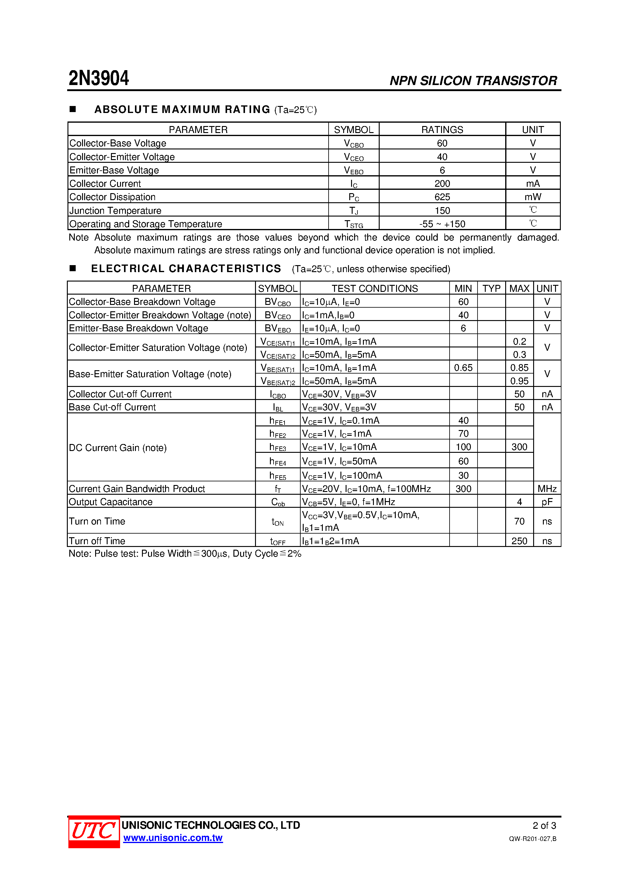 Даташит на микросхему 2N3904 страница 2 Даташит 2N3904 - NPN GENERAL PURPOSE AMPLIFIER страница 2