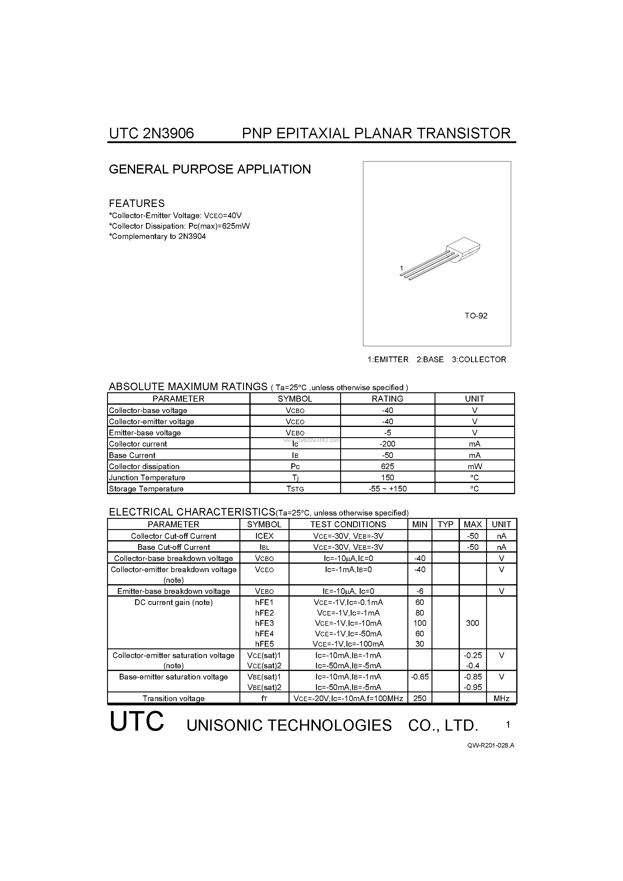 Даташит на микросхему 2N3906 страница 1 Даташит 2N3906 - GENERAL PURPOSE APPLIATION страница 1