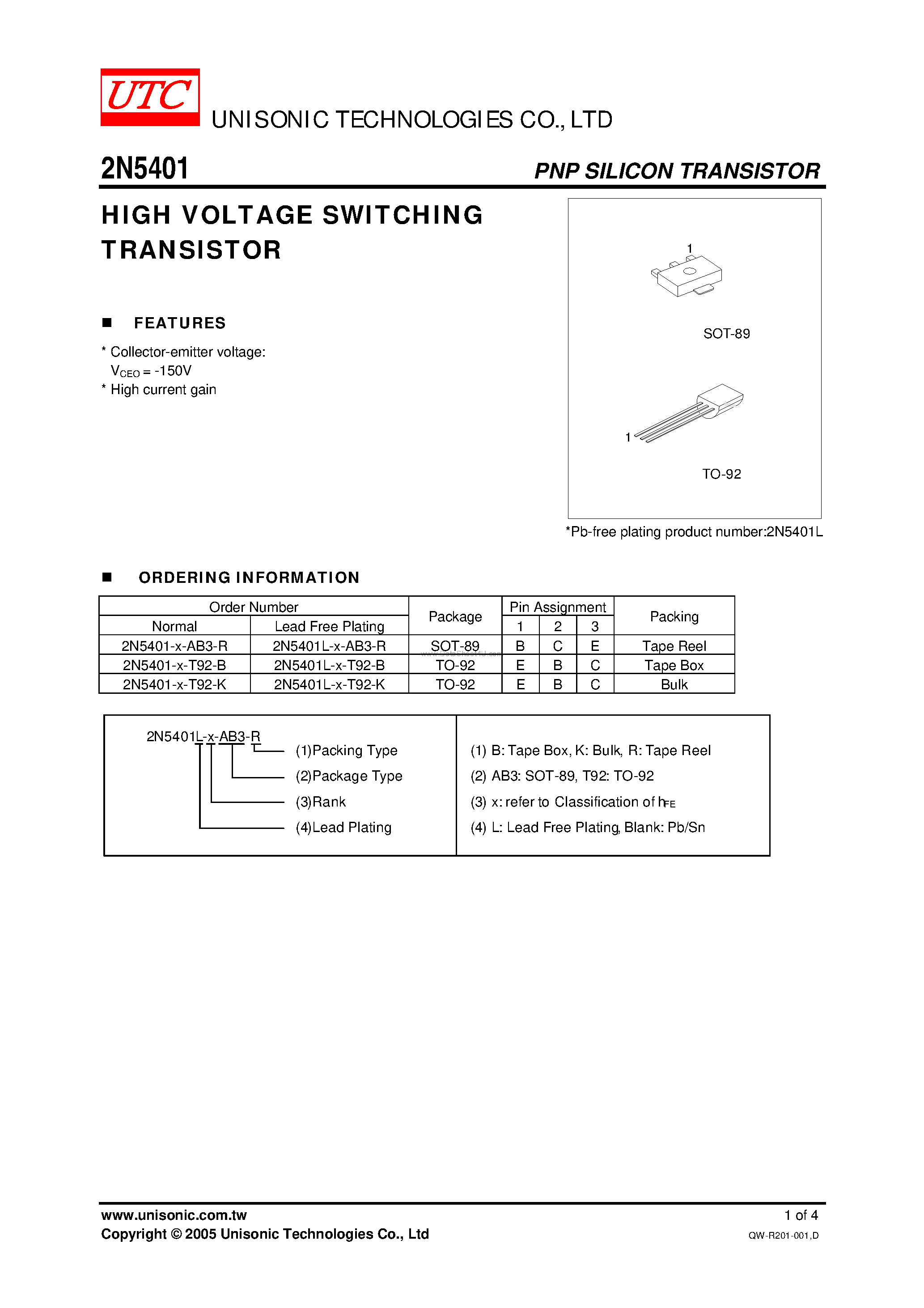 Datasheet 2N5401 - HIGH VOLTAGE SWITCHING TRANSISTOR page 1
