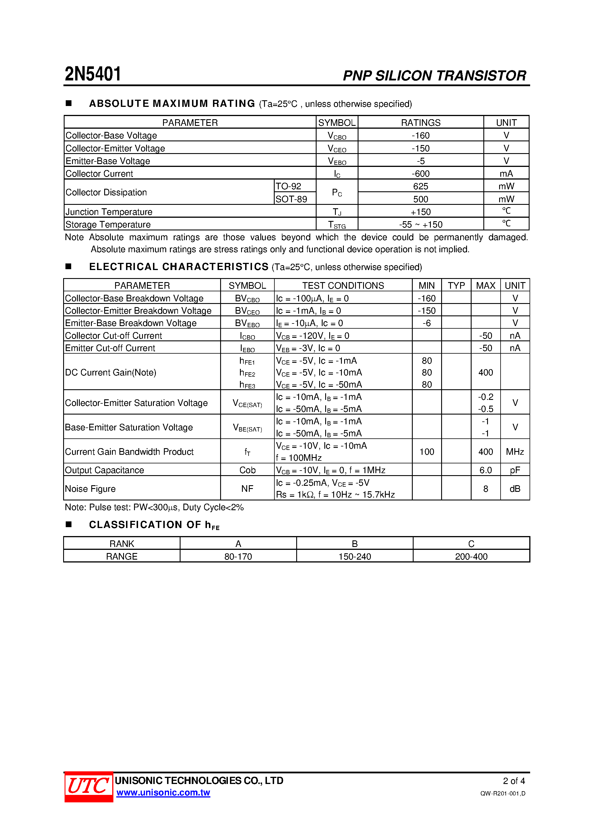 Datasheet 2N5401 - HIGH VOLTAGE SWITCHING TRANSISTOR page 2