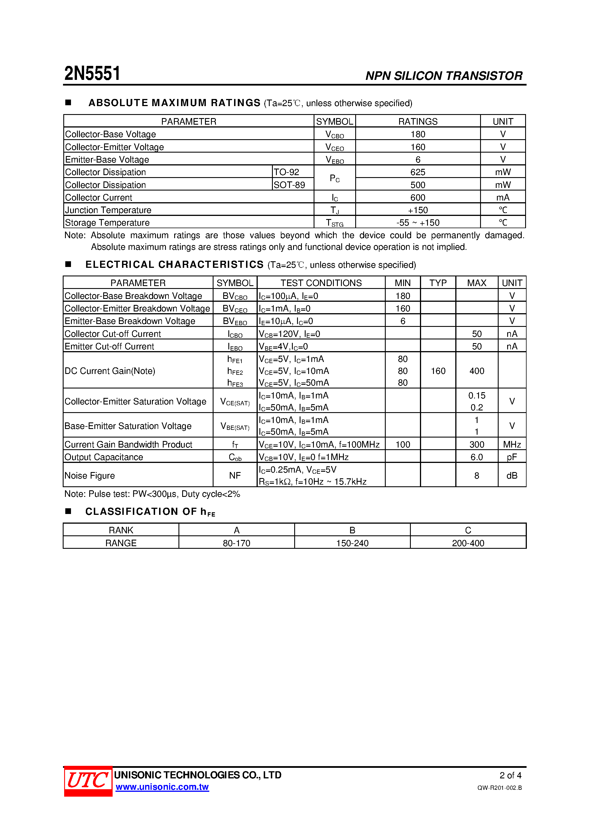 Datasheet 2N5551 - HIGH VOLTAGE SWITCHING TRANSISTOR page 2