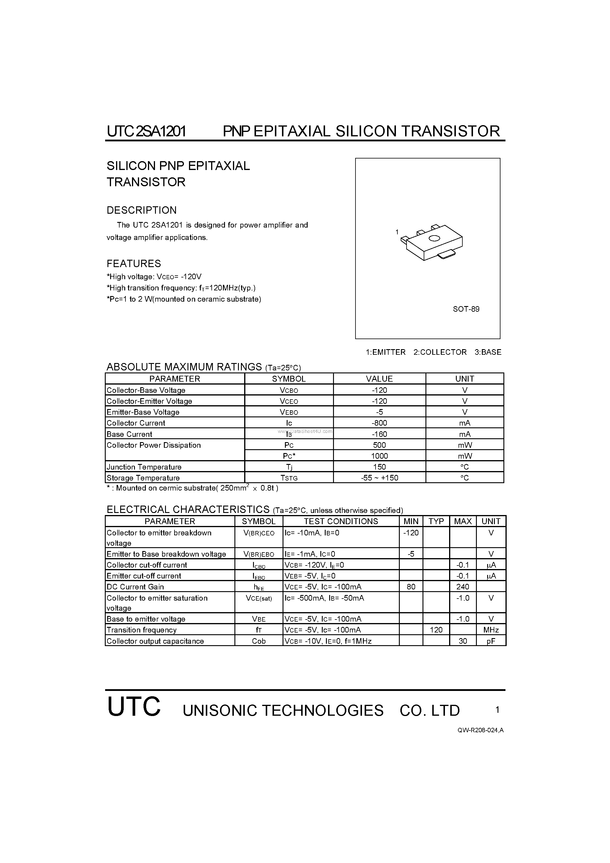 Datasheet 2SA1201 - SILICON PNP EPITAXIAL TRANSISTOR page 1