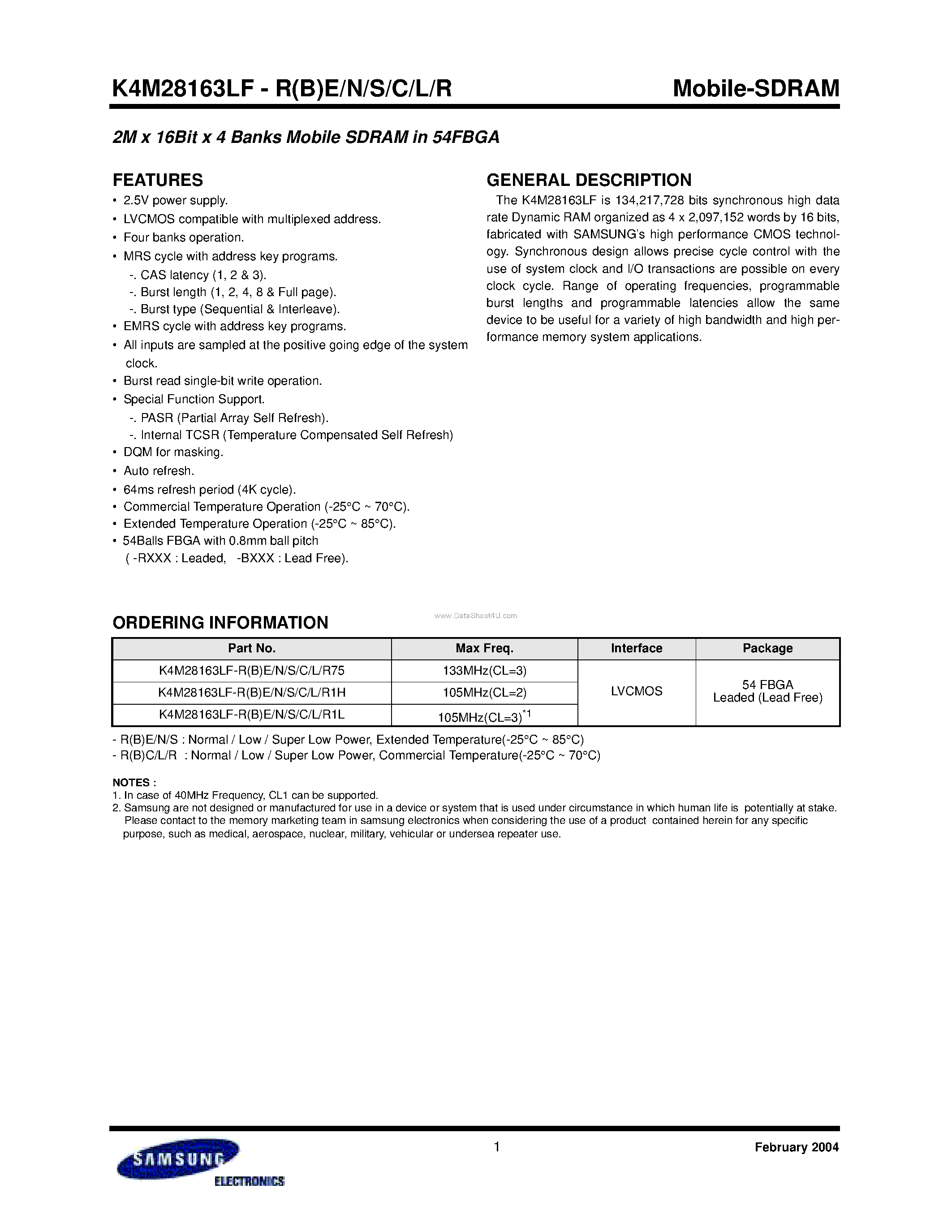 Datasheet K4M28163LF - 2M x 16Bit x 4 Banks Mobile SDRAM page 1