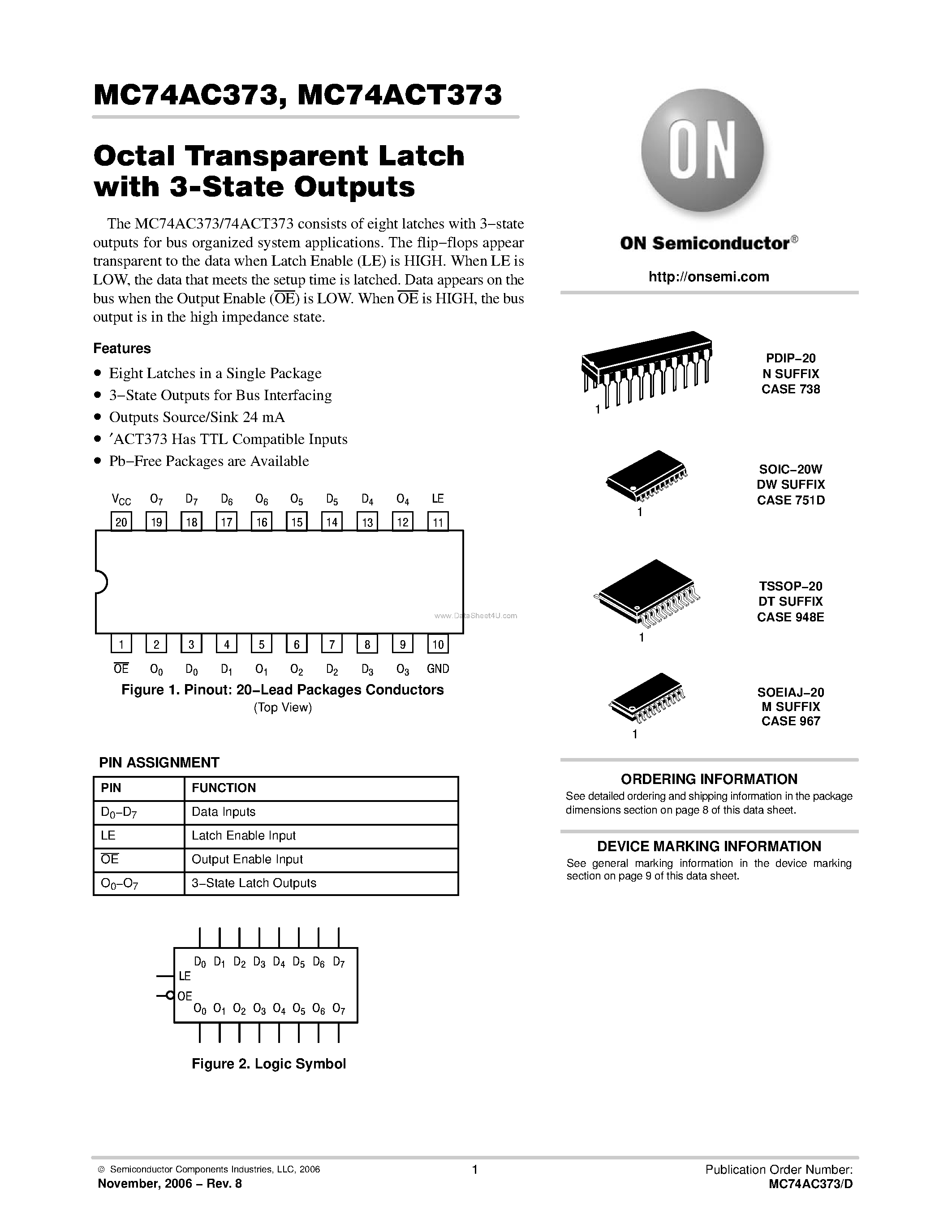 Даташит MC74AC373 - Octal Transparent Latch страница 1
