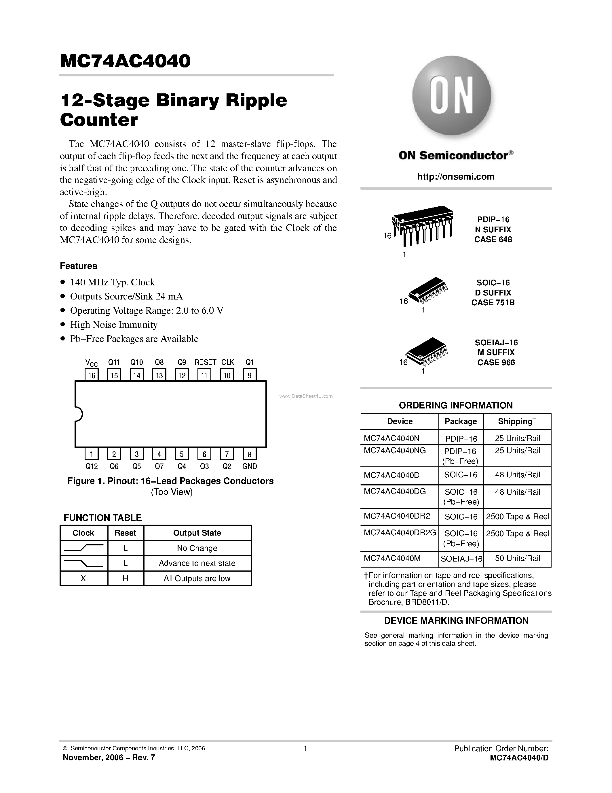 Даташит MC74AC4040 - 12-Stage Binary Ripple Counter страница 1