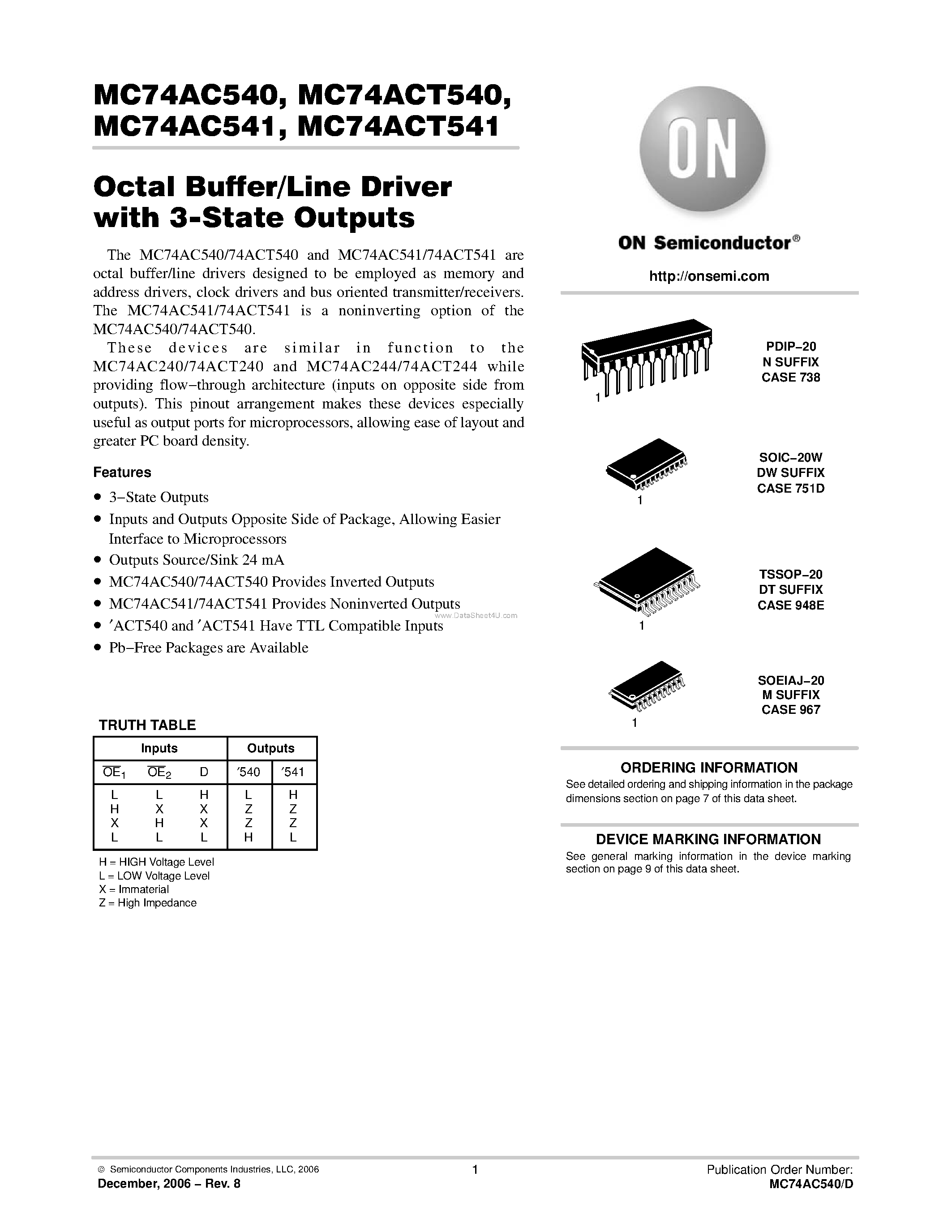 Datasheet MC74AC540 - (MC74ACT540 / MC74ACT541) Octal Buffer/Line Driver page 1