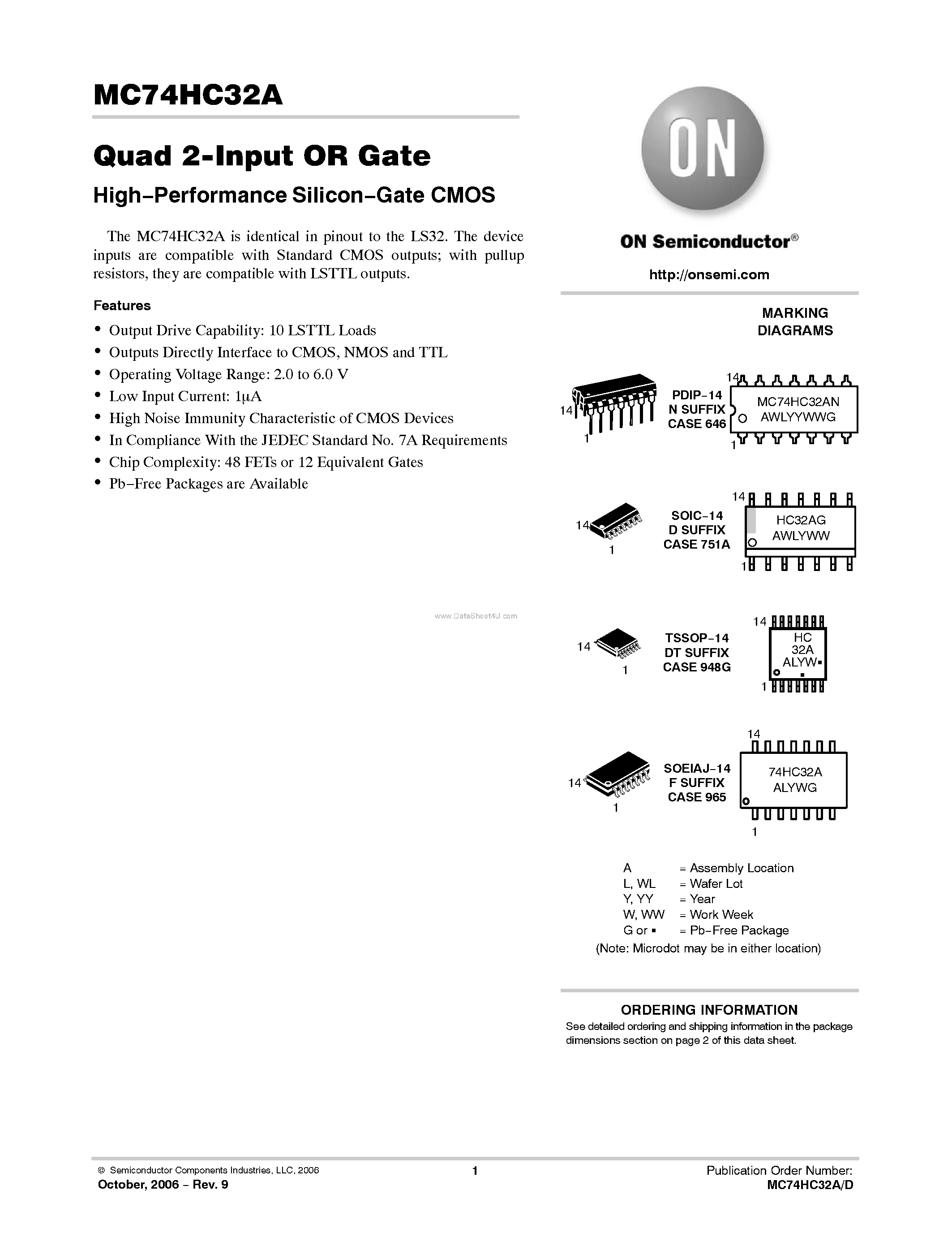 Даташит на микросхему MC74HC32A страница 1 Даташит MC74HC32A - Quad 2-Input OR Gate страница 1