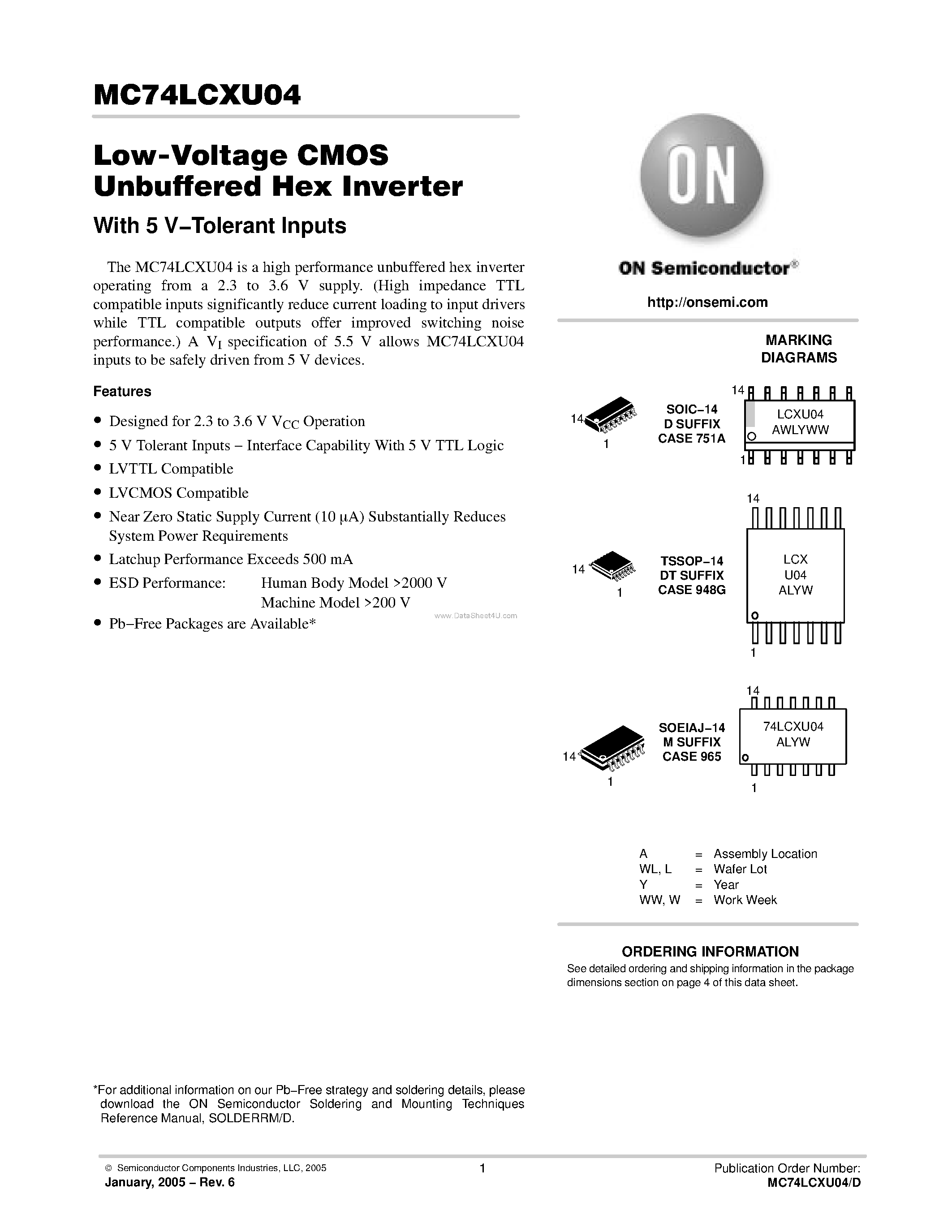 Даташит MC74LCXU04 - Low-Voltage CMOS Unbuffered Hex Inverter страница 1