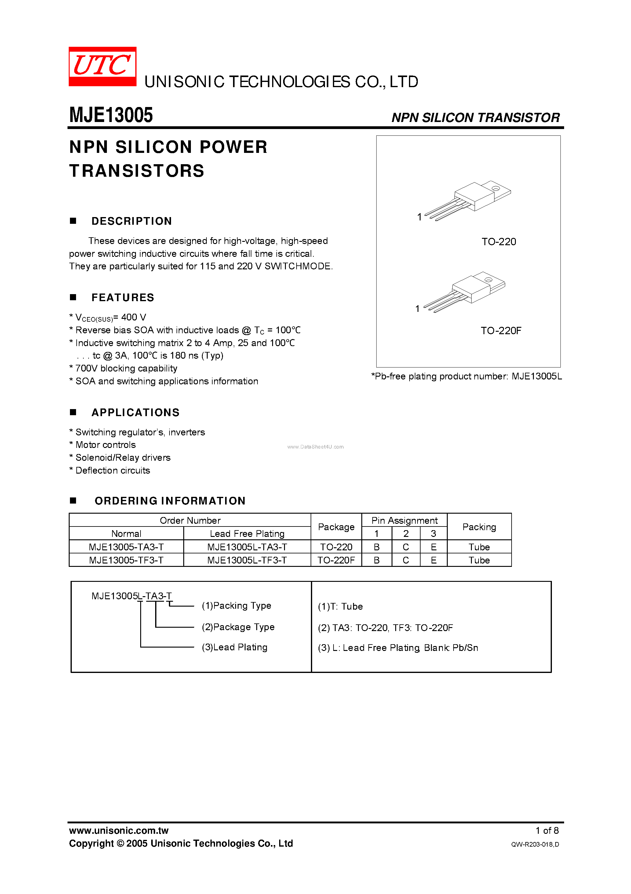Datasheet MJE13005 page 1 Datasheet MJE13005 - NPN SILICON POWER TRANSISTORS page 1