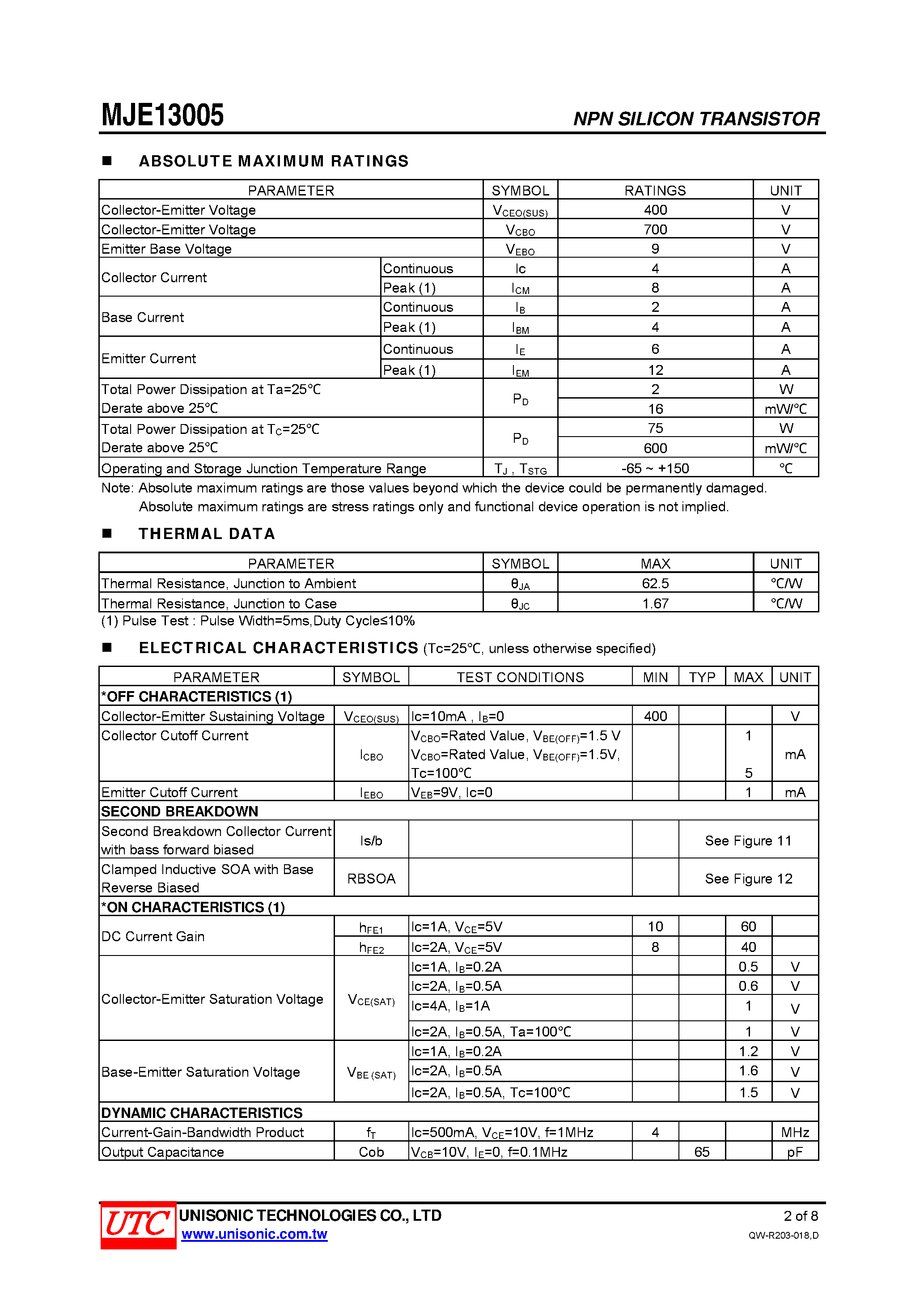 Datasheet MJE13005 page 2 Datasheet MJE13005 - NPN SILICON POWER TRANSISTORS page 2