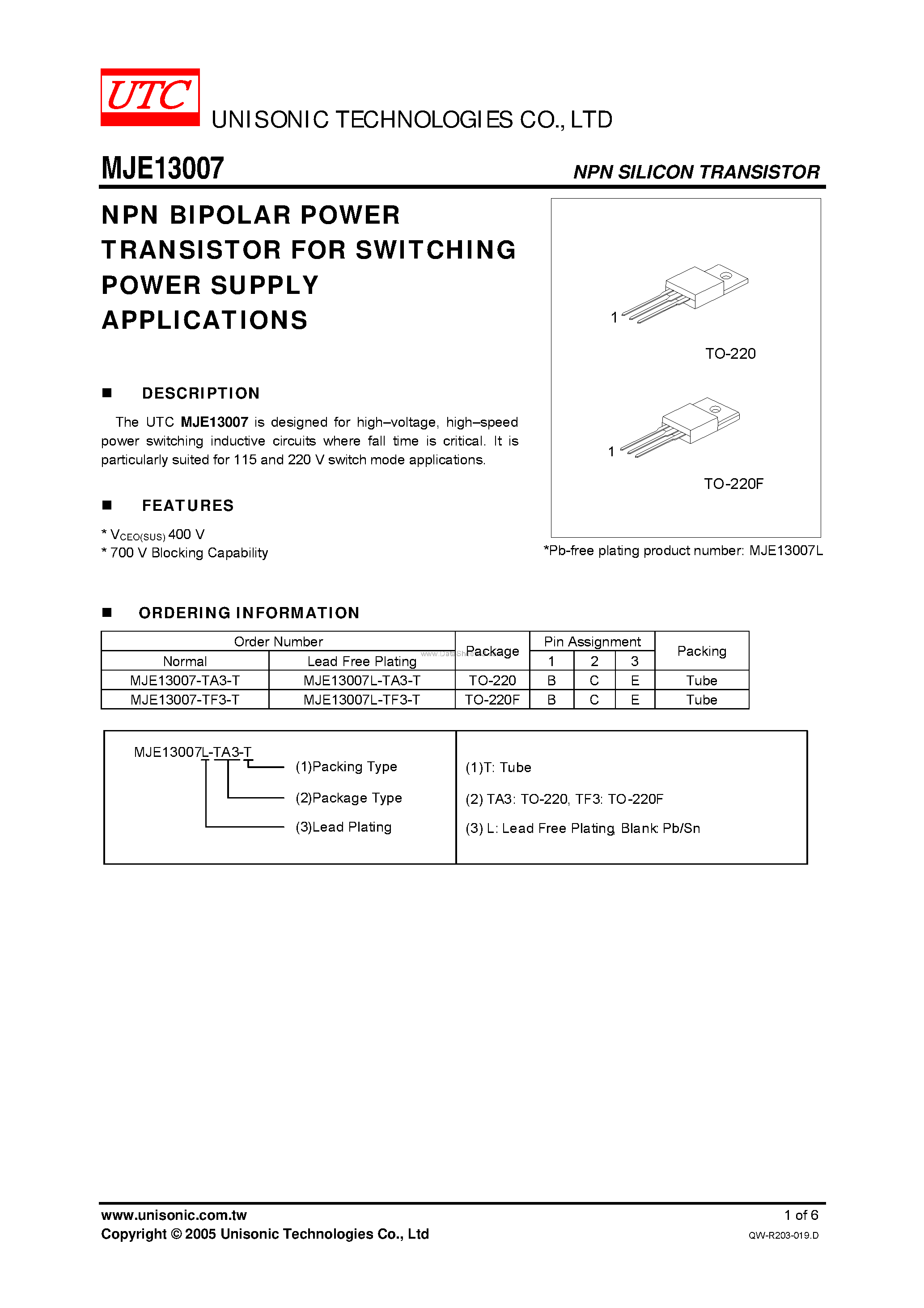 Datasheet MJE13007 page 1 Datasheet MJE13007 - NPN BIPOLAR POWER TRANSISTOR page 1