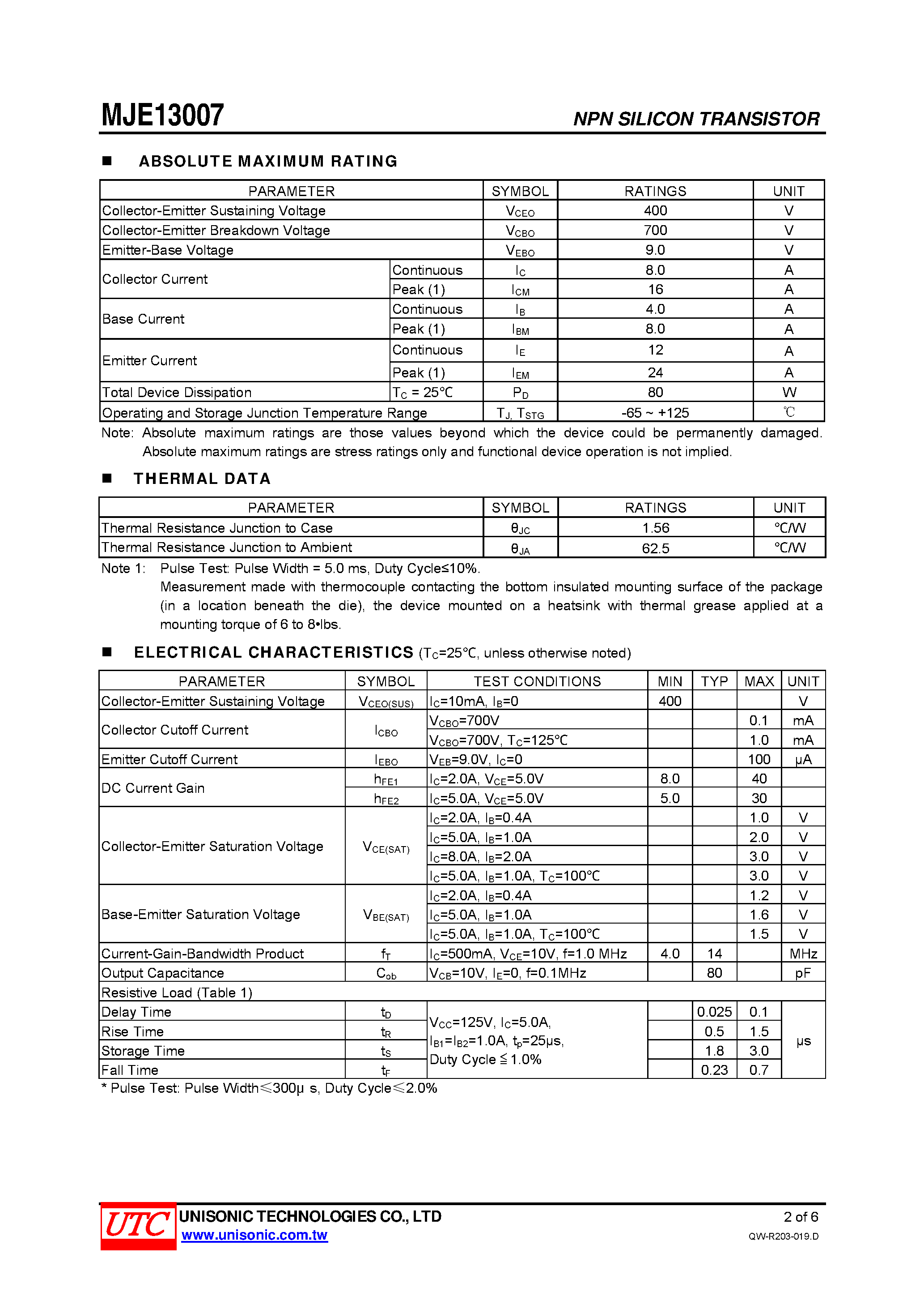 Datasheet MJE13007 page 2 Datasheet MJE13007 - NPN BIPOLAR POWER TRANSISTOR page 2