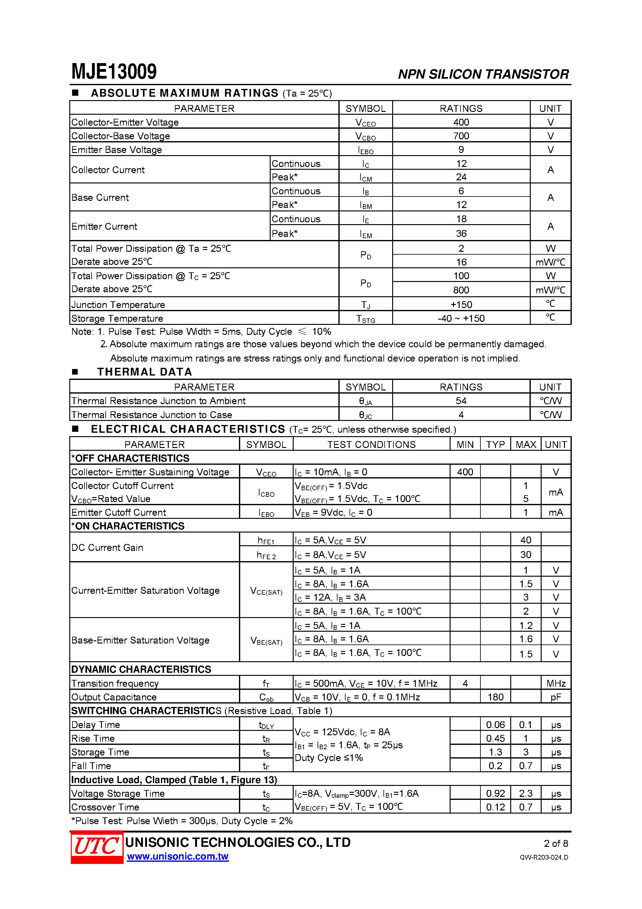 Datasheet MJE13009 - SWITCHMODE SERIES NPN SWITCHMODE SERIES NPN TRANSISTORS page 2