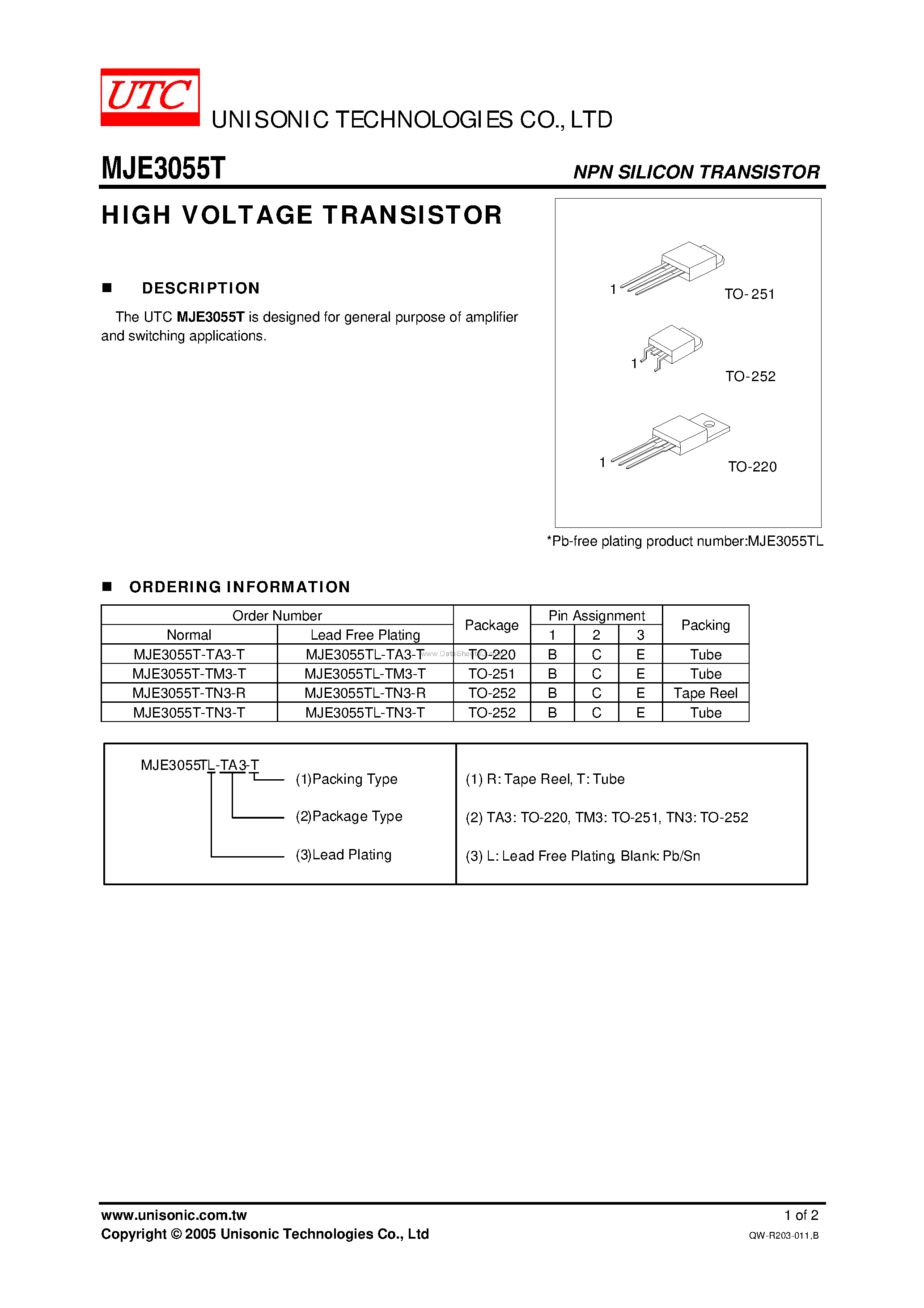 Datasheet MJE3055T - HIGH VOLTAGE TRANSISTOR page 1