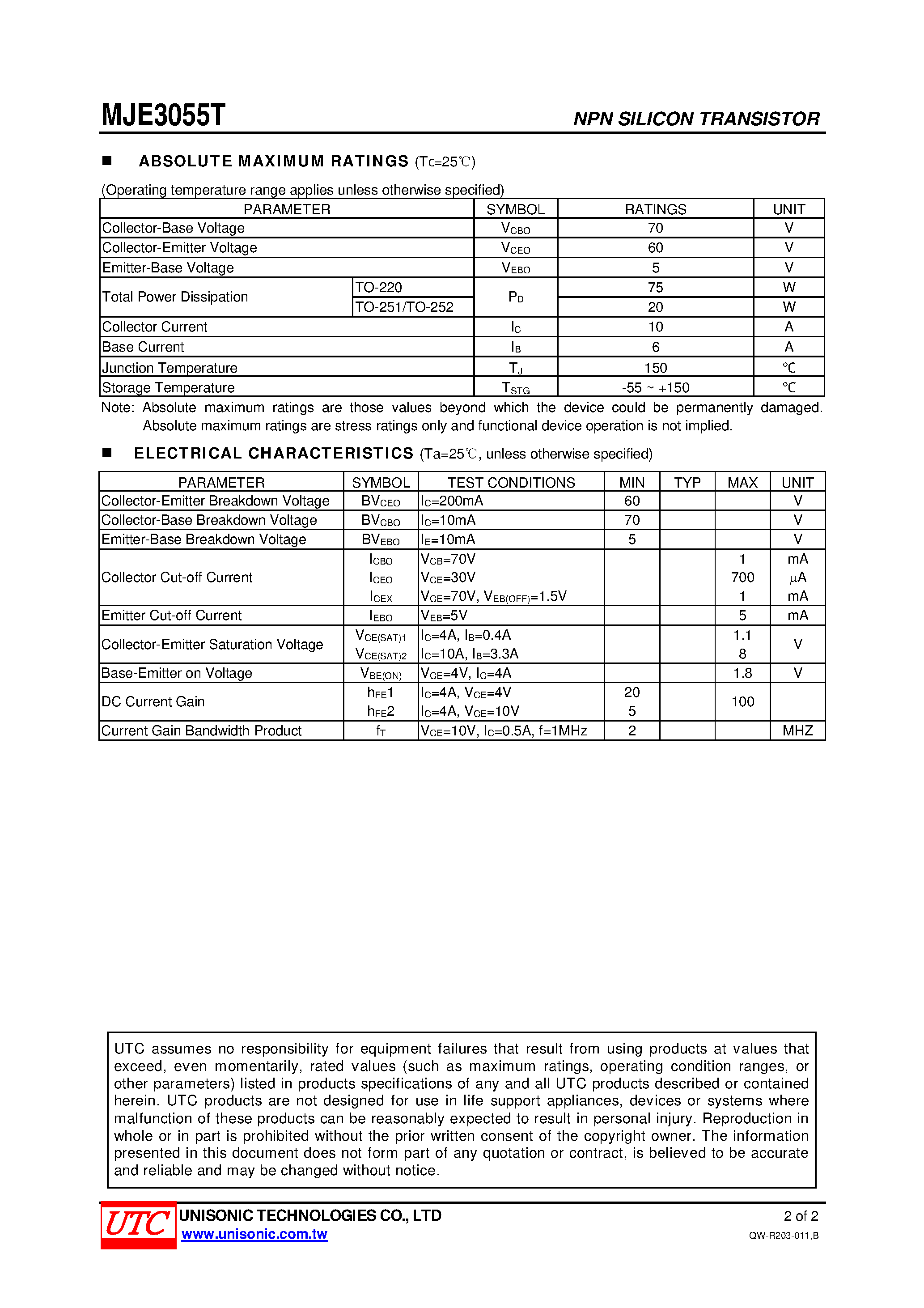 Datasheet MJE3055T - HIGH VOLTAGE TRANSISTOR page 2