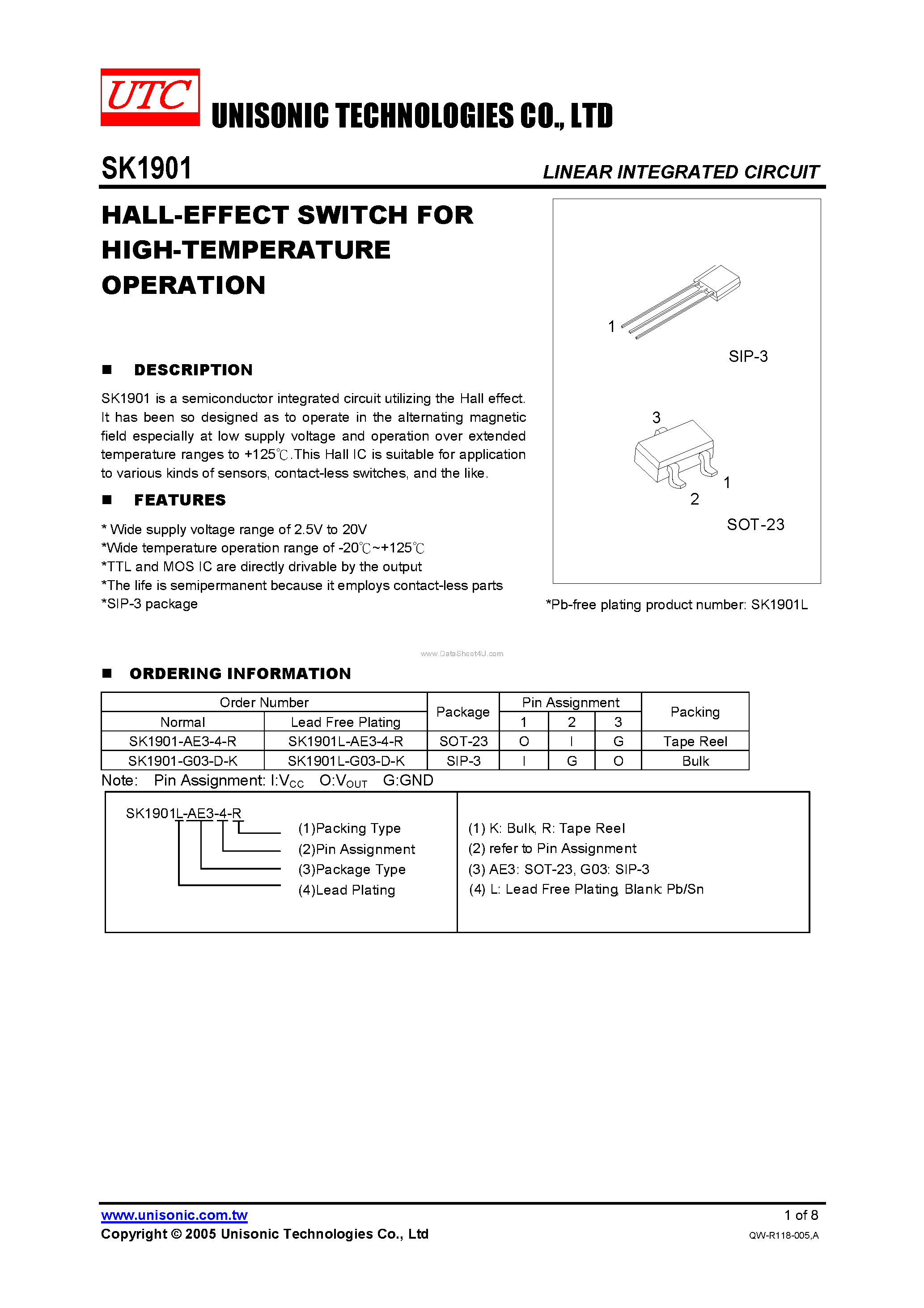 Datasheet SK1901 page 1 Datasheet SK1901 - HALL-EFFECT SWITCH page 1