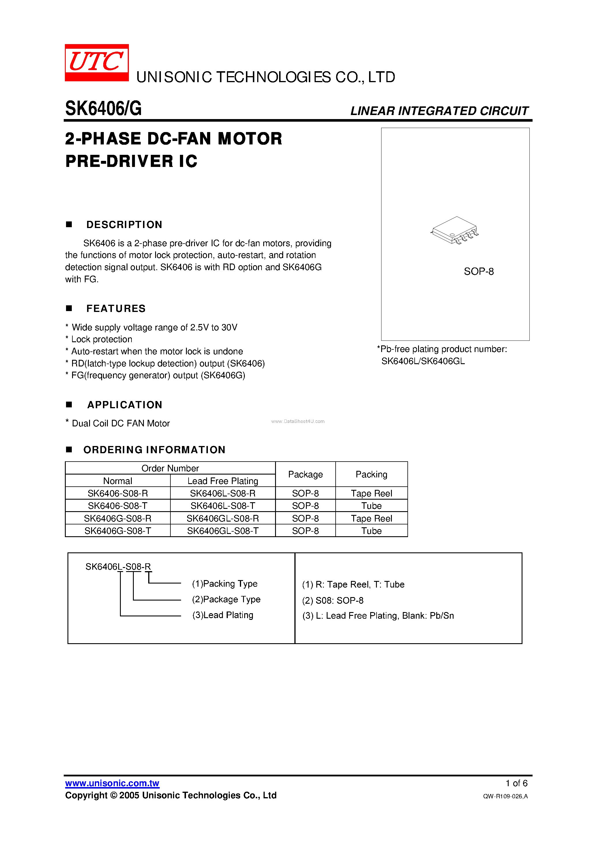 Datasheet SK6406 - 2-PHASE DC-FAN MOTOR PRE-DRIVER IC page 1