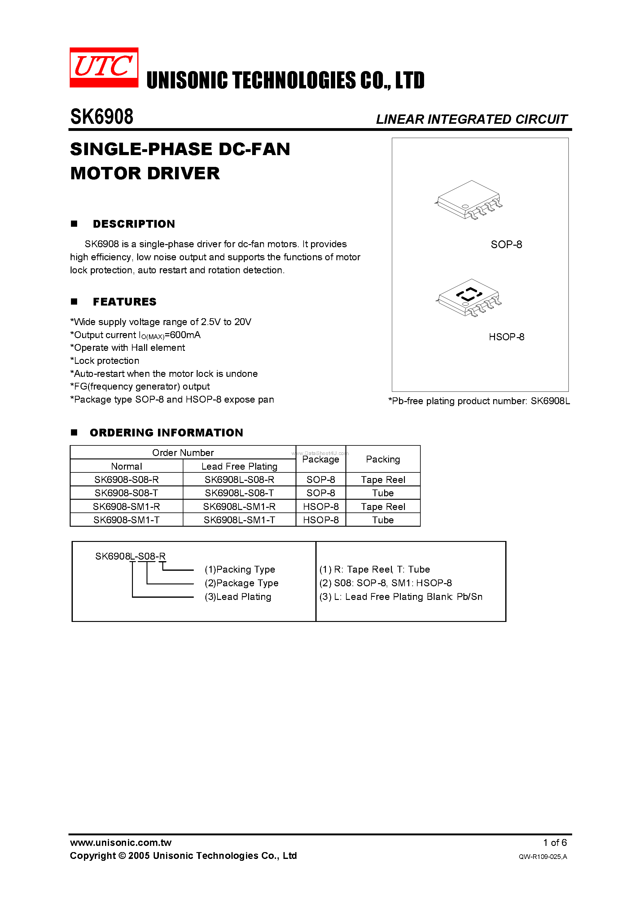 Datasheet SK6908 - SINGLE-PHASE DC-FAN MOTOR DRIVER page 1