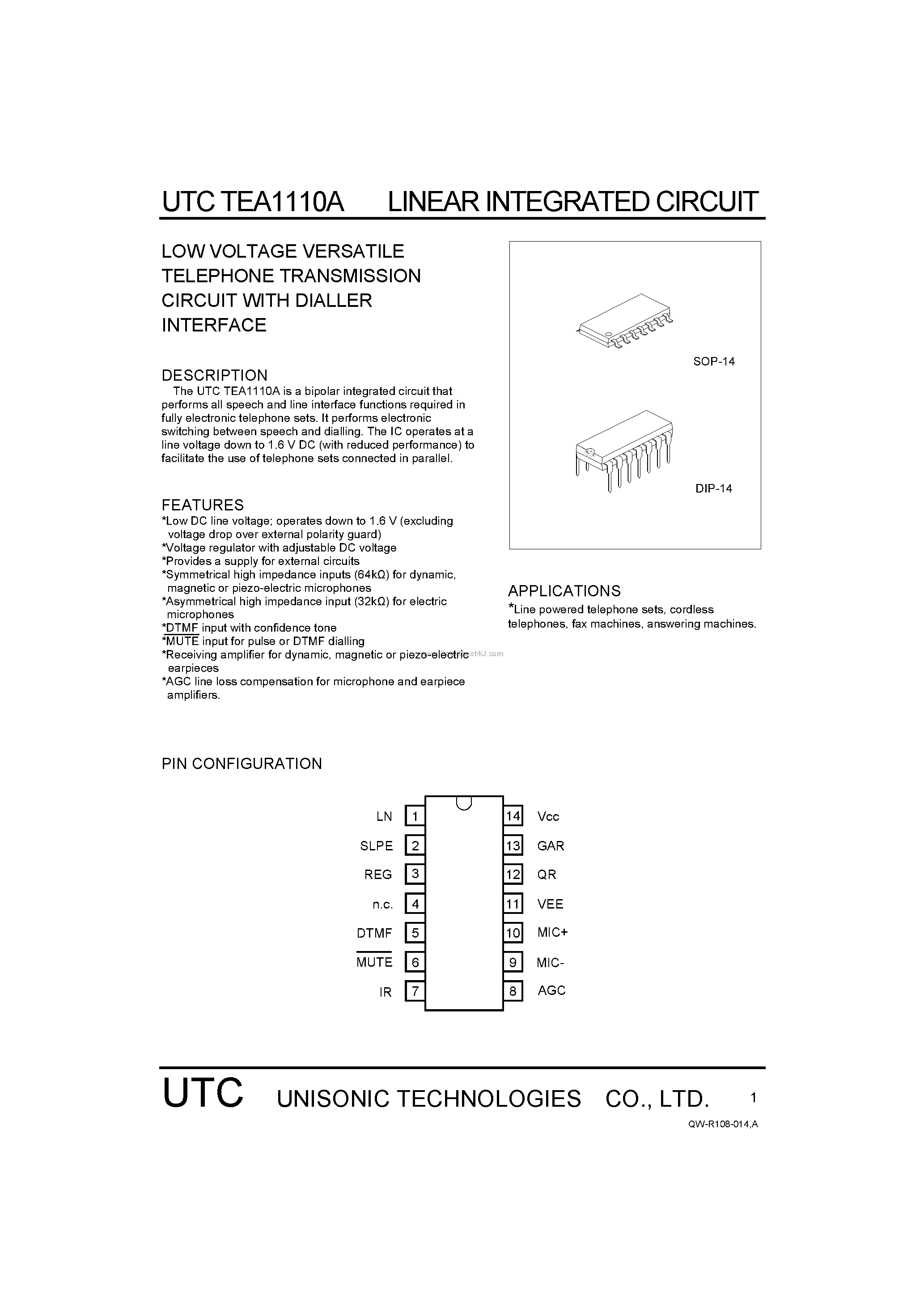 Даташит TEA1110A - LOW VOLTAGE VERSATILE TELEPHONE TRANSMISSION TELEPHONE TRANSMISSION INTERFACE страница 1