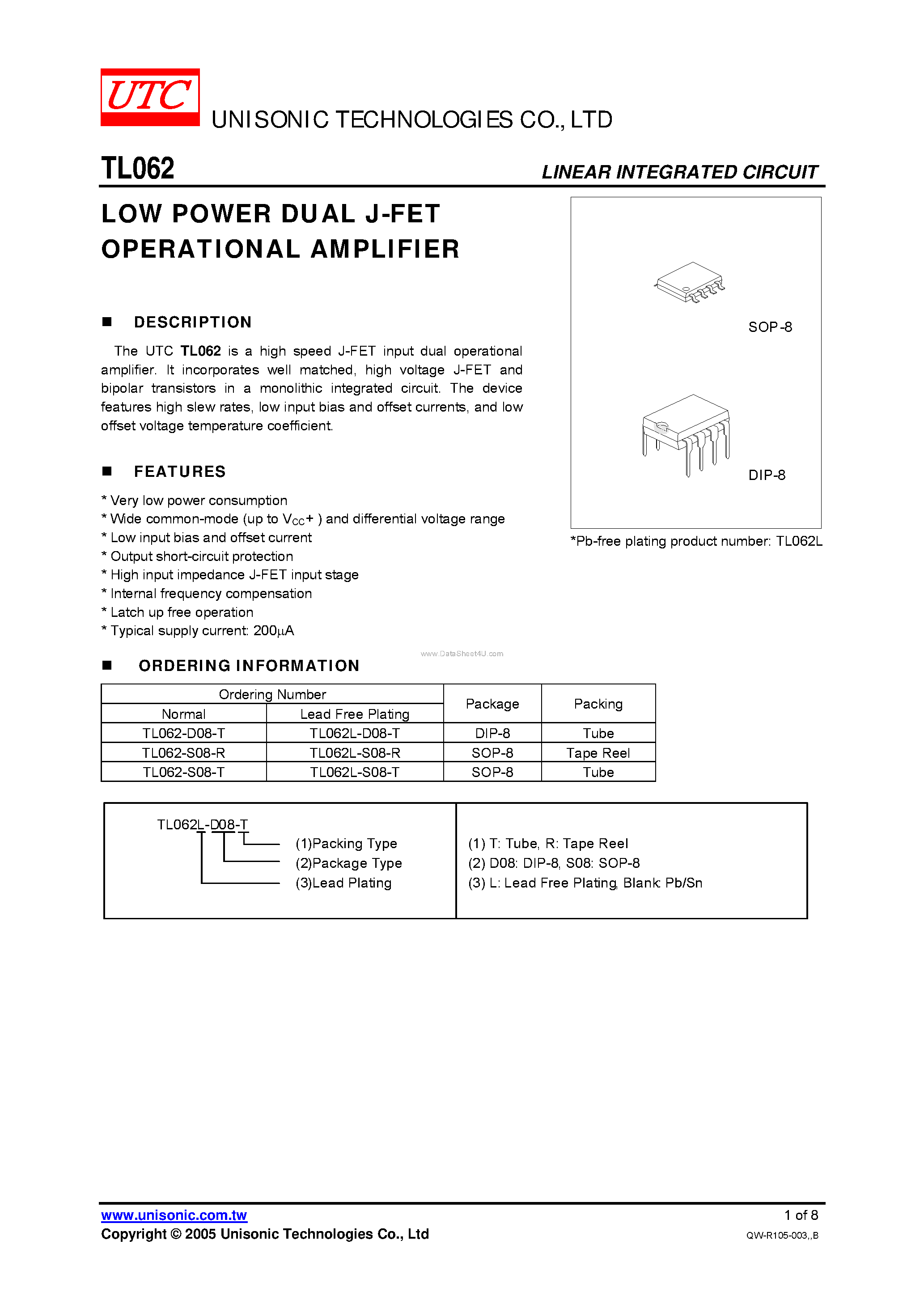 Datasheet TL062 page 1 Datasheet TL062 - LOW POWER DUAL J-FET OPERATIONAL AMPLIFIER page 1