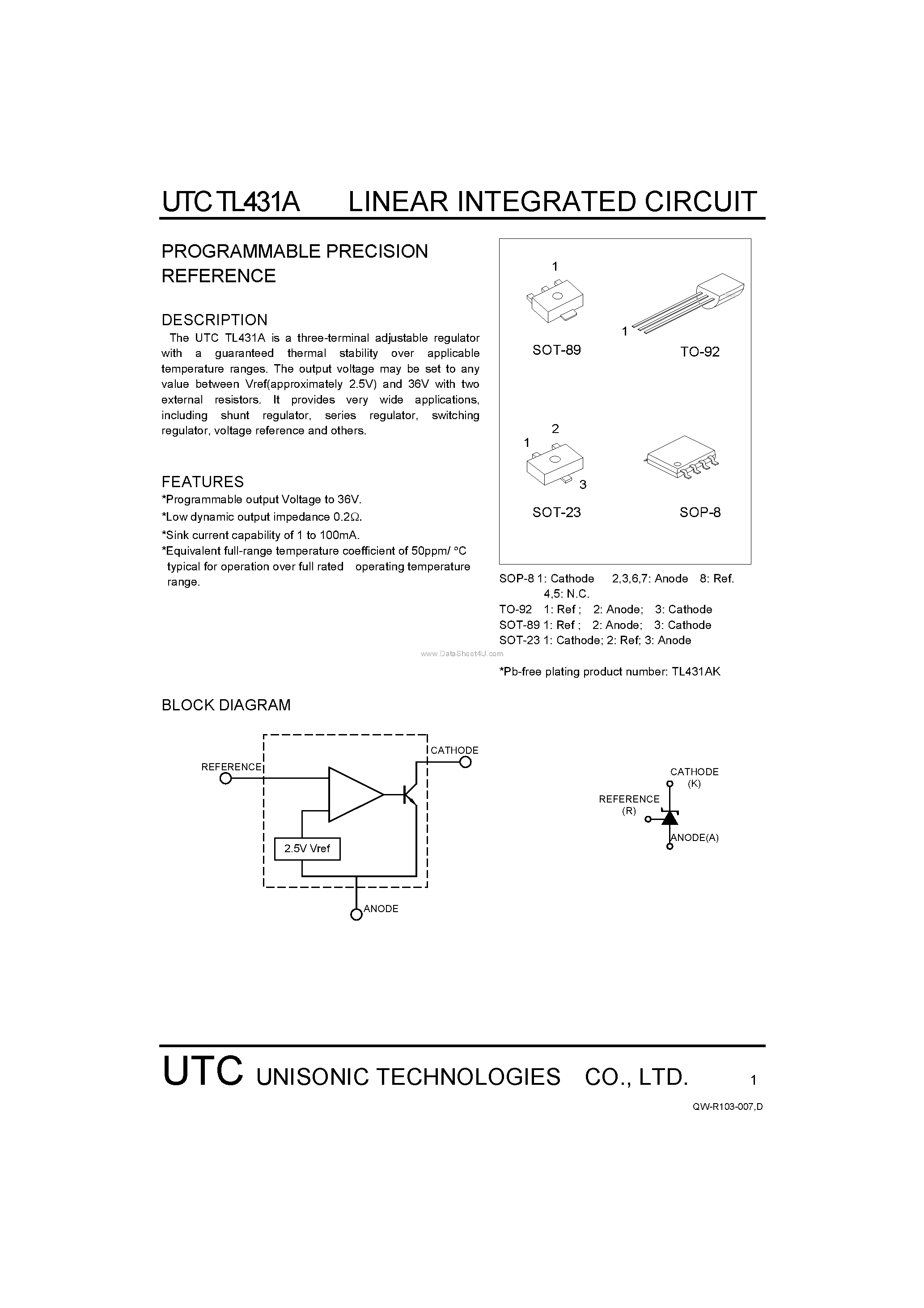 Даташит на микросхему TL431A страница 1 Даташит TL431A - PROGRAMMABLE PRECISION REFERENCE страница 1