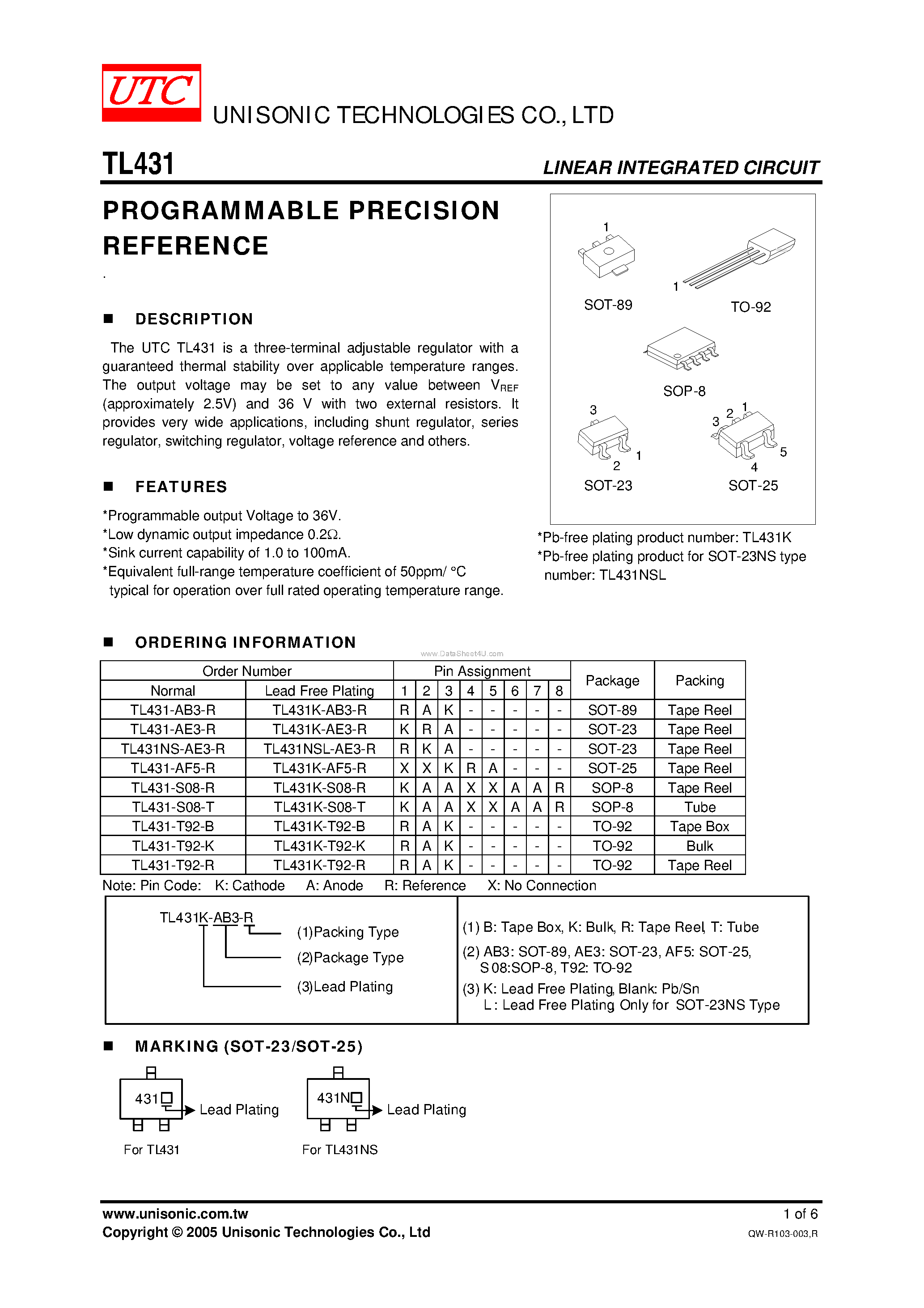 Datasheet TL431 page 1 Datasheet TL431 - PROGRAMMABLE PRECISION REFERENCE page 1