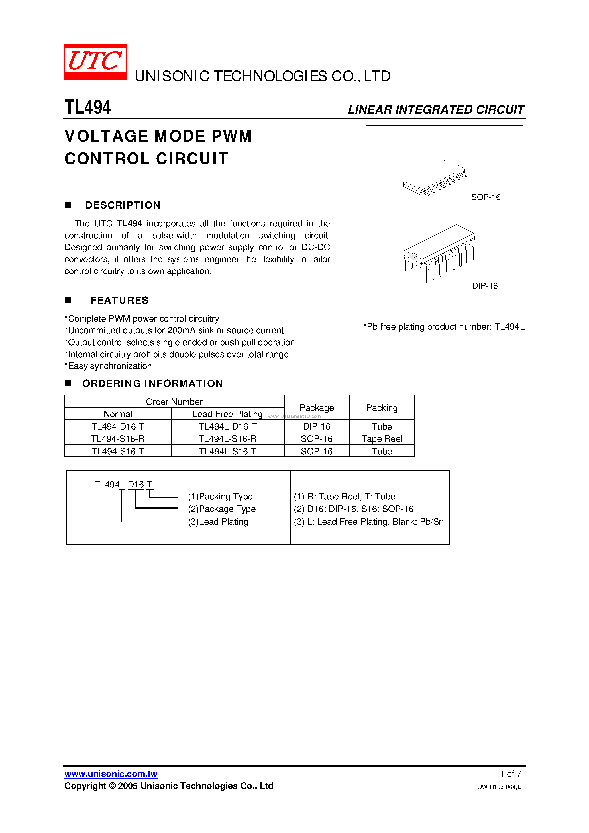 Datasheet TL494 - VOLTAGE MODE PWM CONTROL CIRCUIT page 1