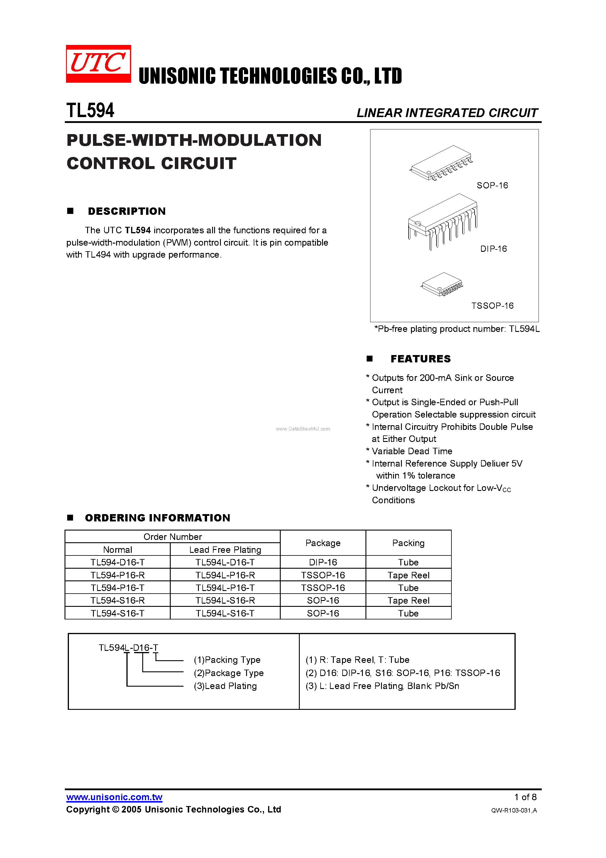 Datasheet TL594 page 1 Datasheet TL594 - PULSE-WIDTH-MODULATION CONTROL CIRCUIT page 1