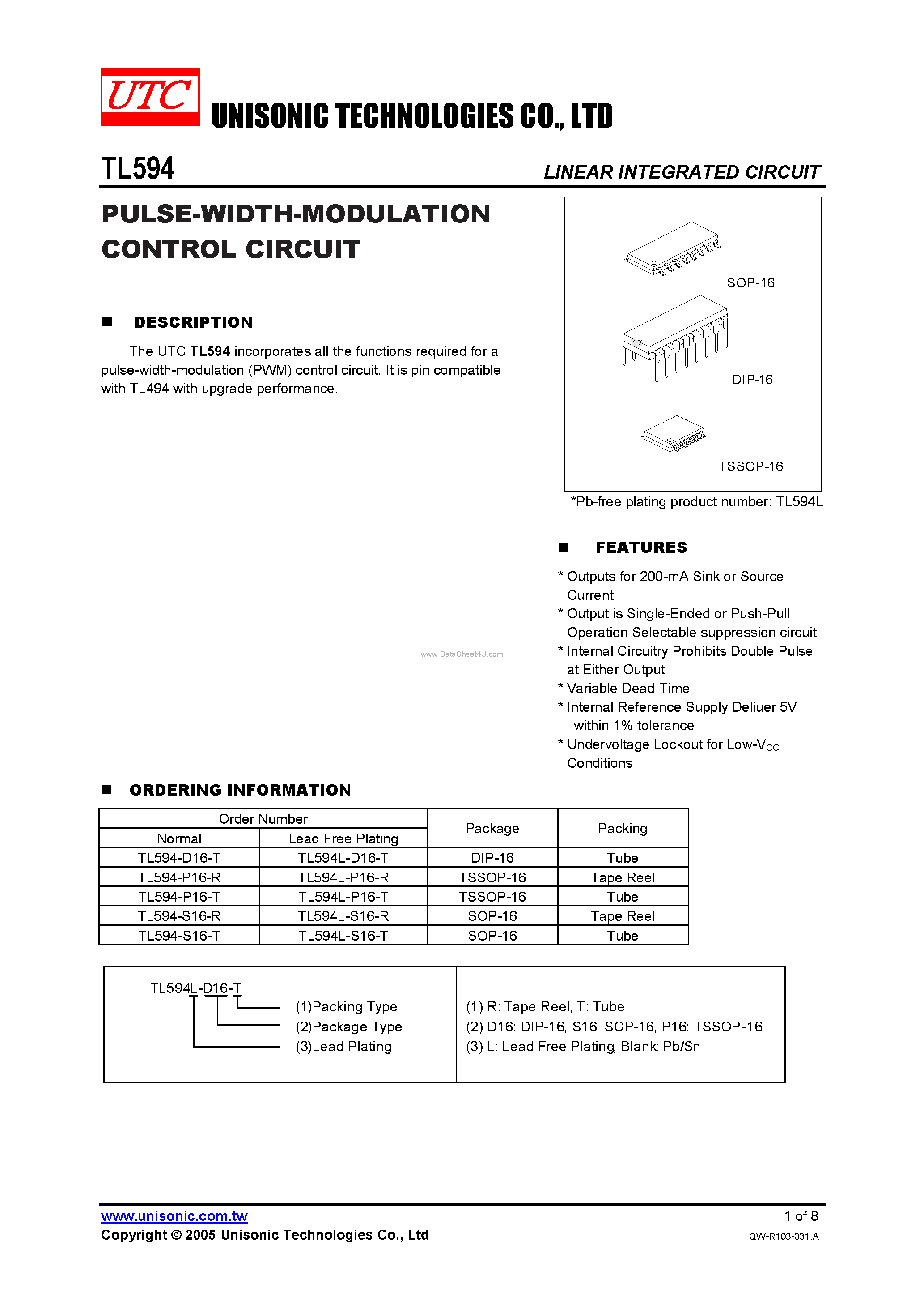 Datasheet TL594 - PULSE-WIDTH-MODULATION CONTROL CIRCUIT page 1