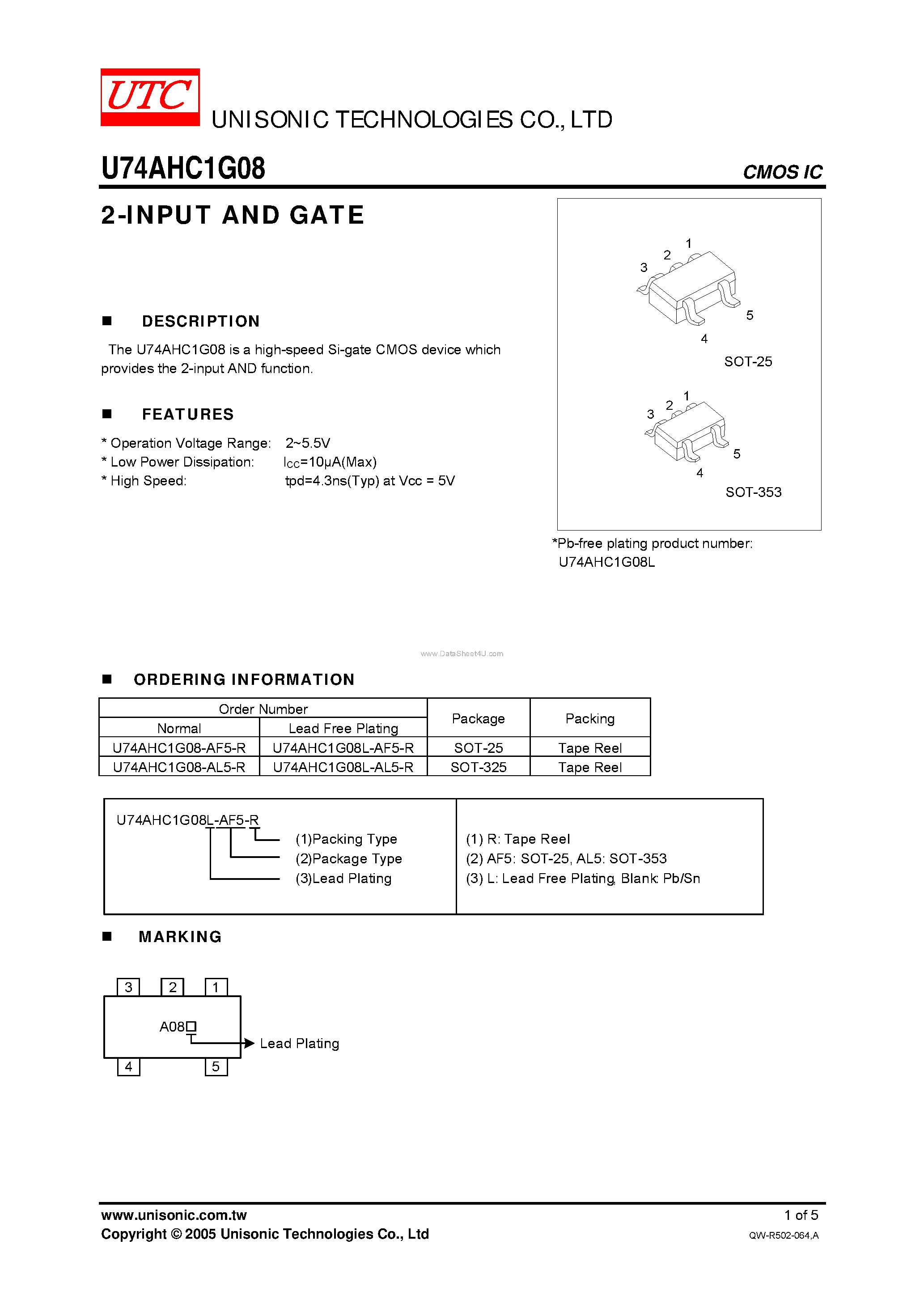 Datasheet U74AHC1G08 - 2-INPUT AND GATE page 1