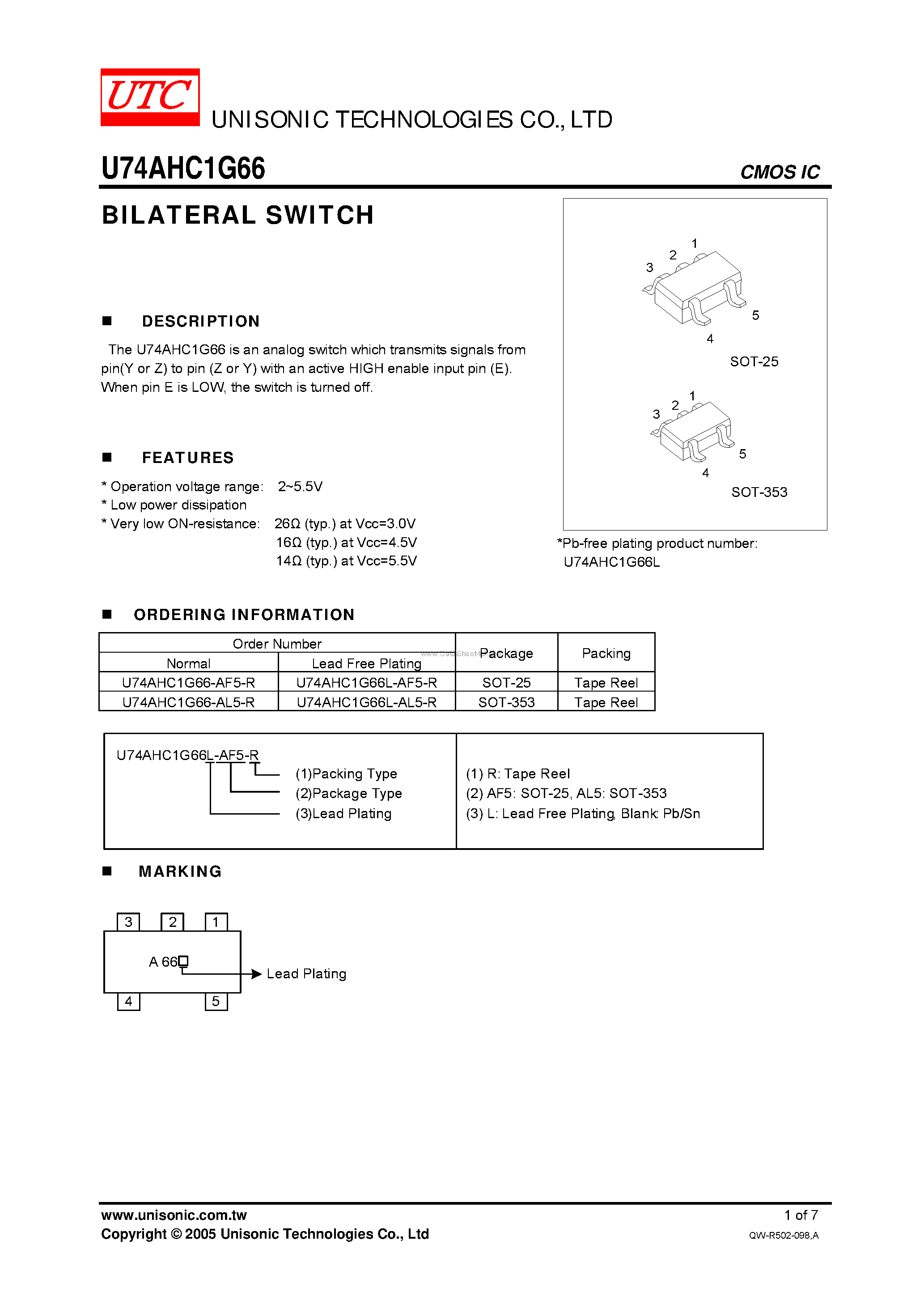 Datasheet U74AHC1G66 - BILATERAL SWITCH page 1