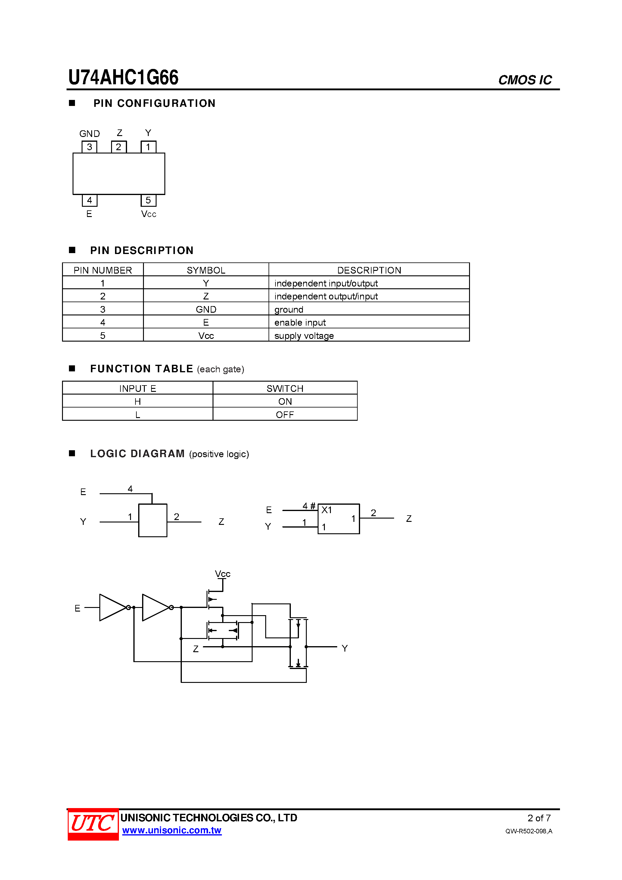 Datasheet U74AHC1G66 - BILATERAL SWITCH page 2