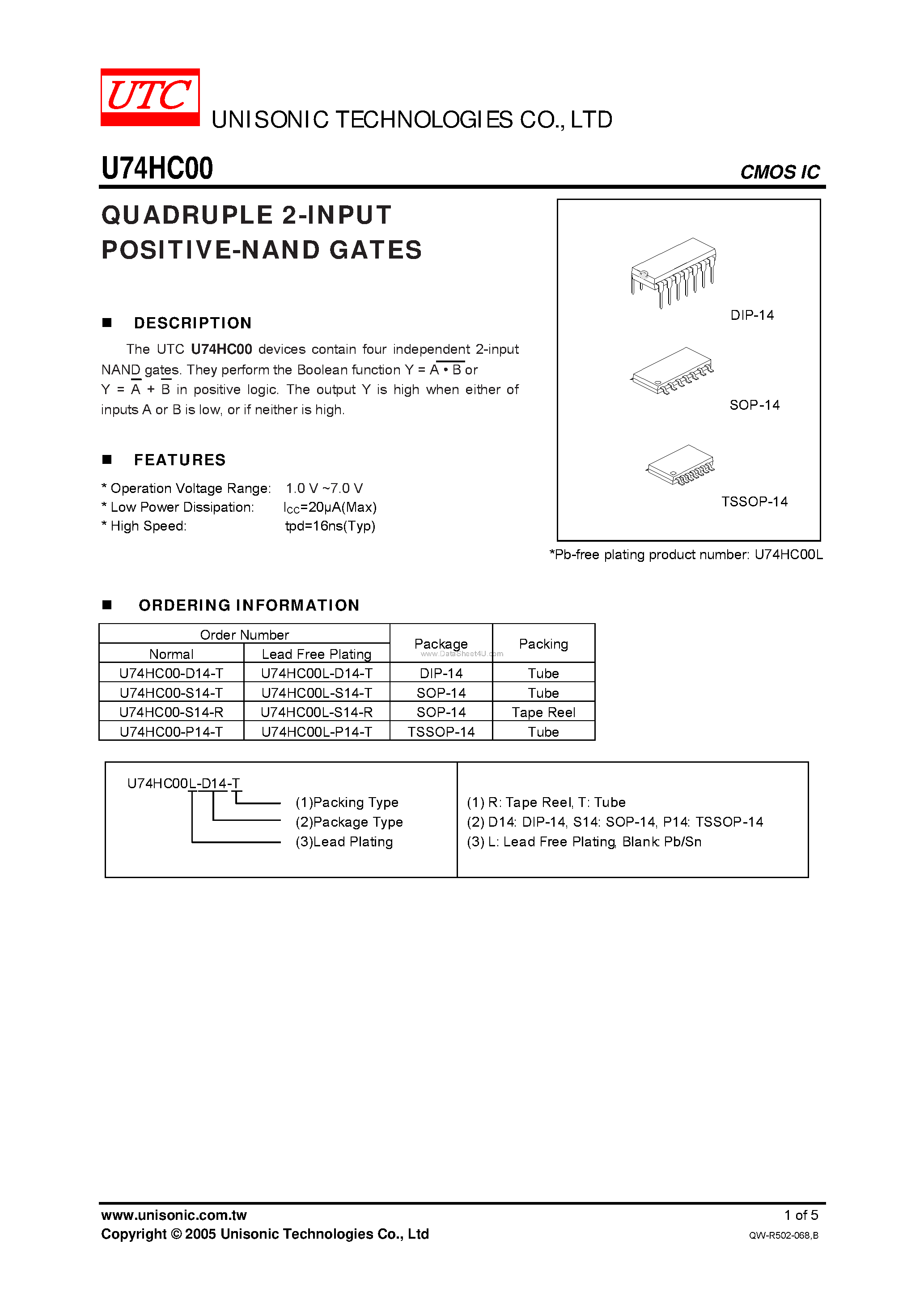 Datasheet U74HC00 page 1 Datasheet U74HC00 - QUADRUPLE 2-INPUT POSITIVE-NAND GATES page 1