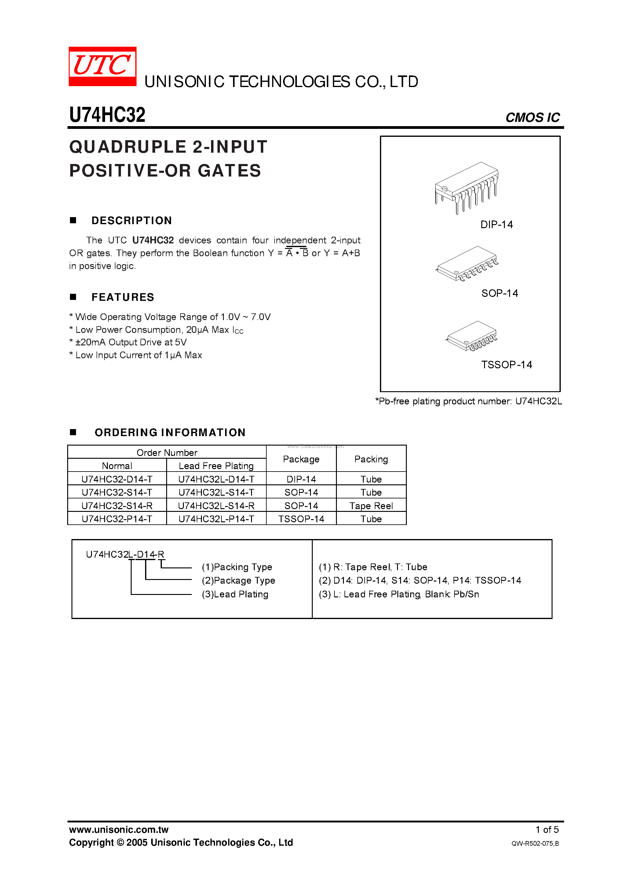 Datasheet U74HC32 - QUADRUPLE 2-INPUT POSITIVE-OR GATES page 1