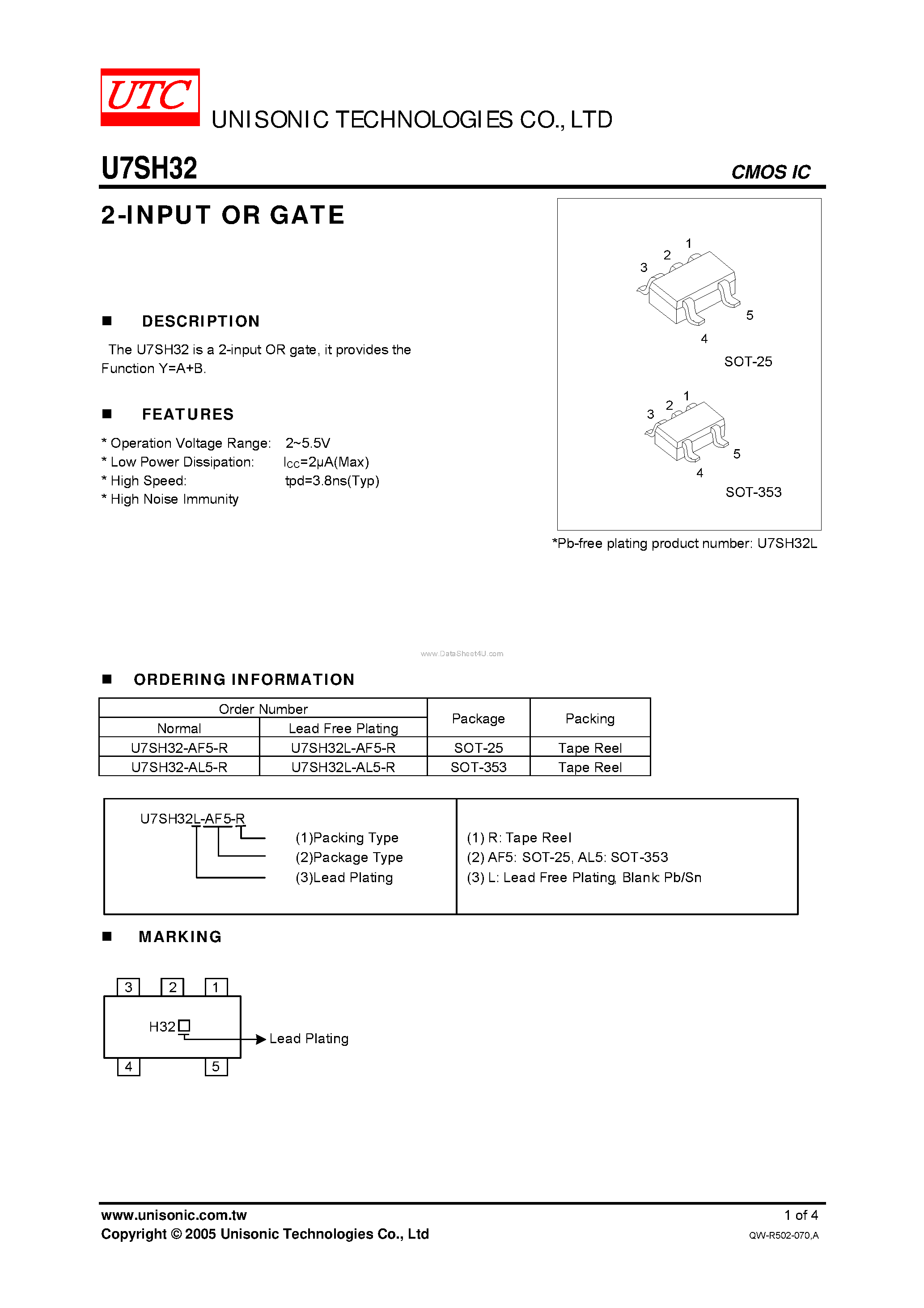 Datasheet U7SH32 page 1 Datasheet U7SH32 - 2-INPUT OR GATE page 1