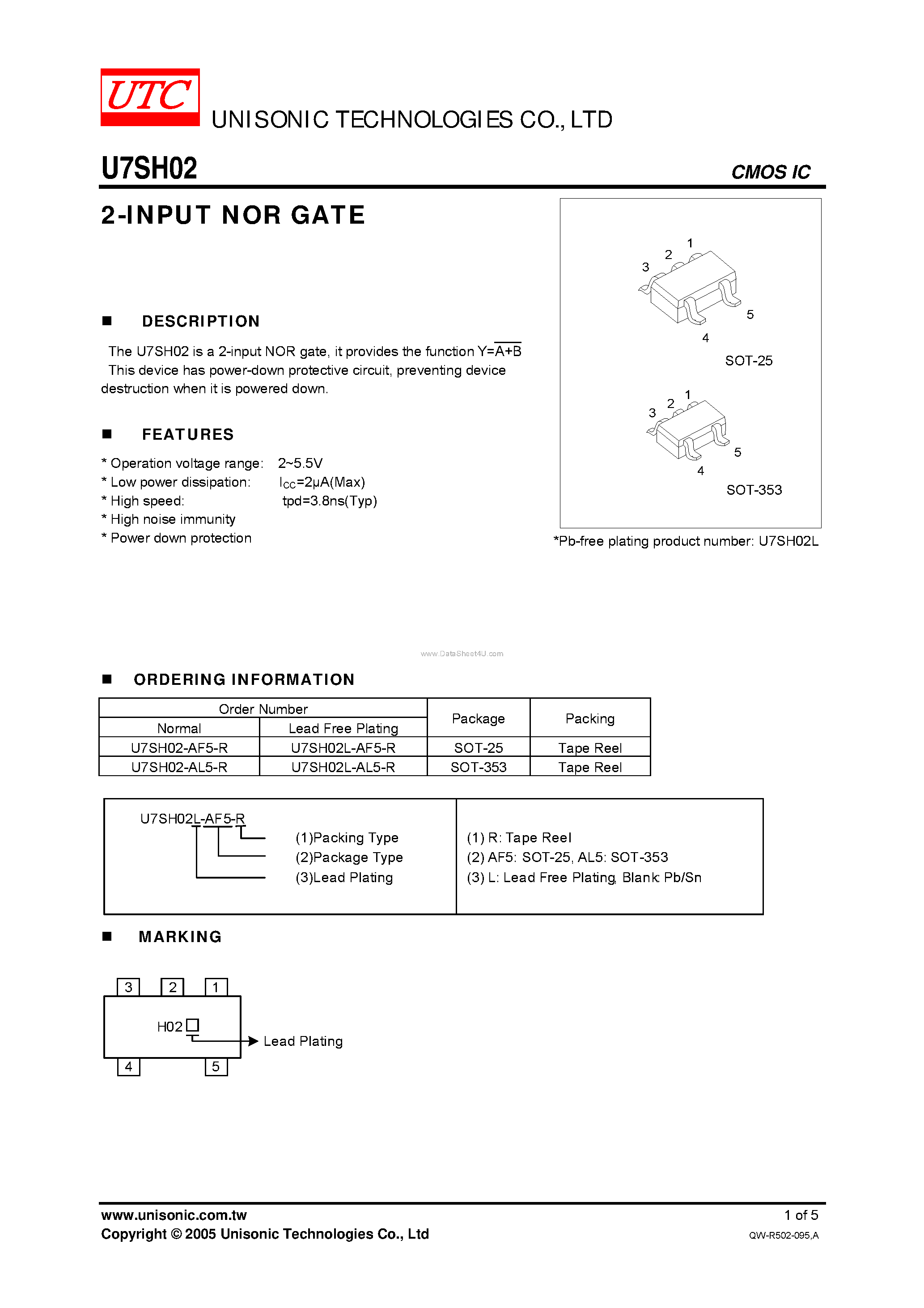 Datasheet U7SH02 page 1 Datasheet U7SH02 - 2-INPUT NOR GATE page 1