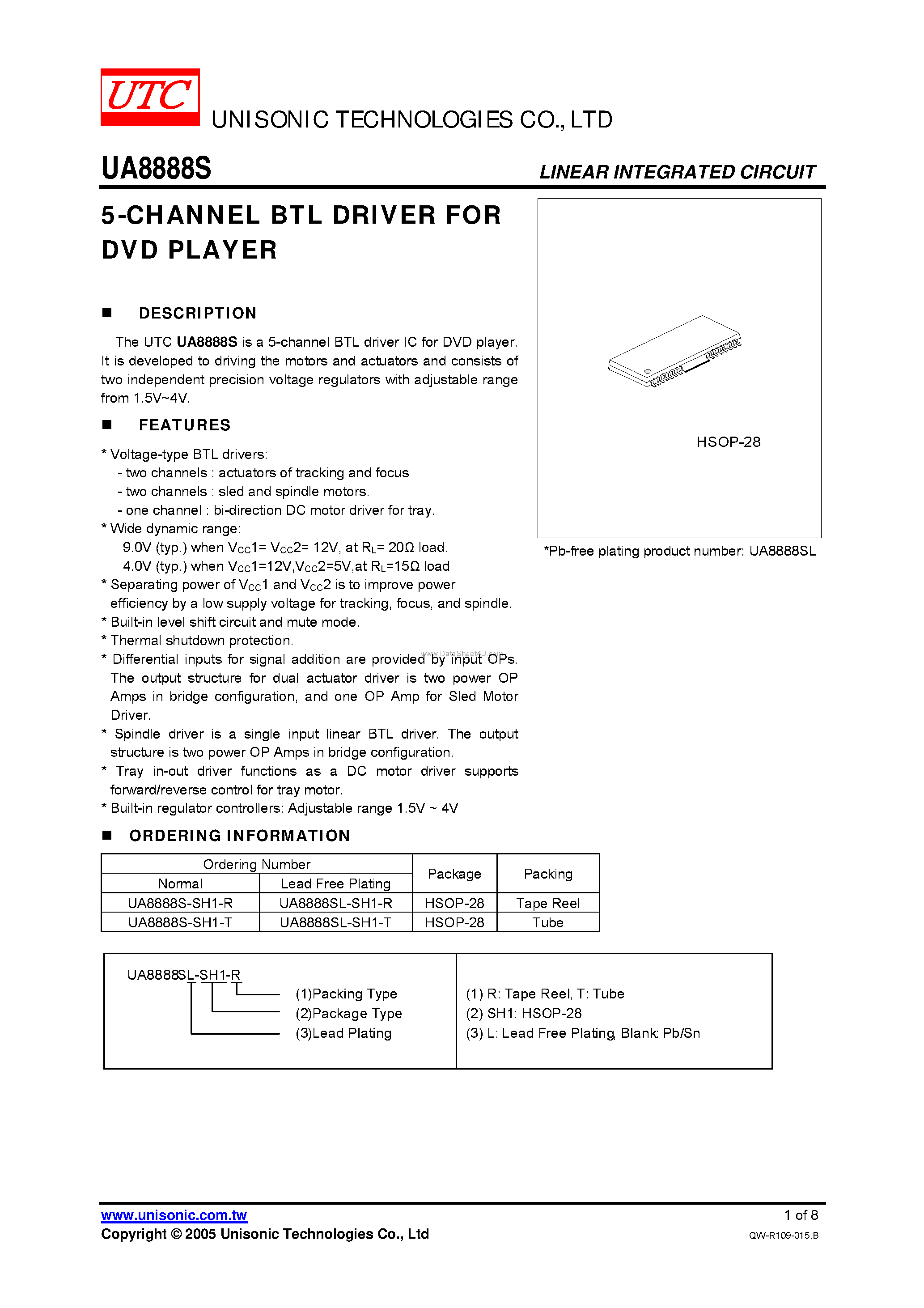 Datasheet UA8888S - 5-CHANNEL BTL DRIVER page 1