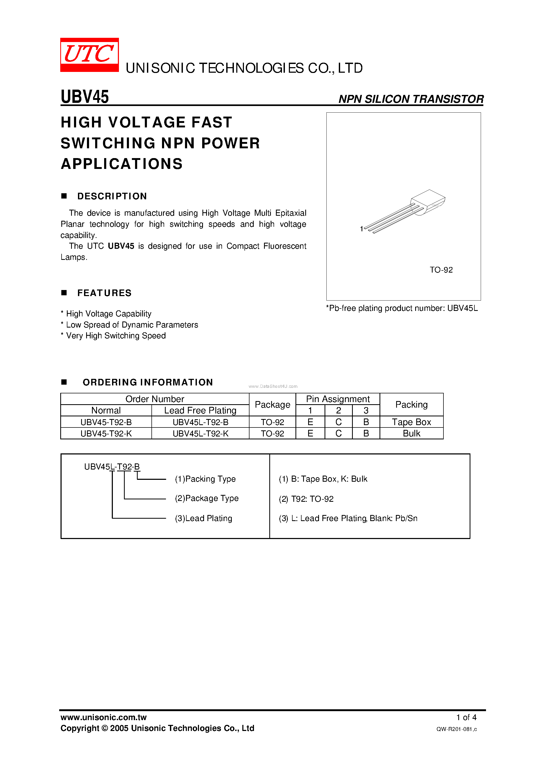 Datasheet UBV45 - HIGH VOLTAGE FAST SWITCHING NPN POWER APPLICATIONS page 1