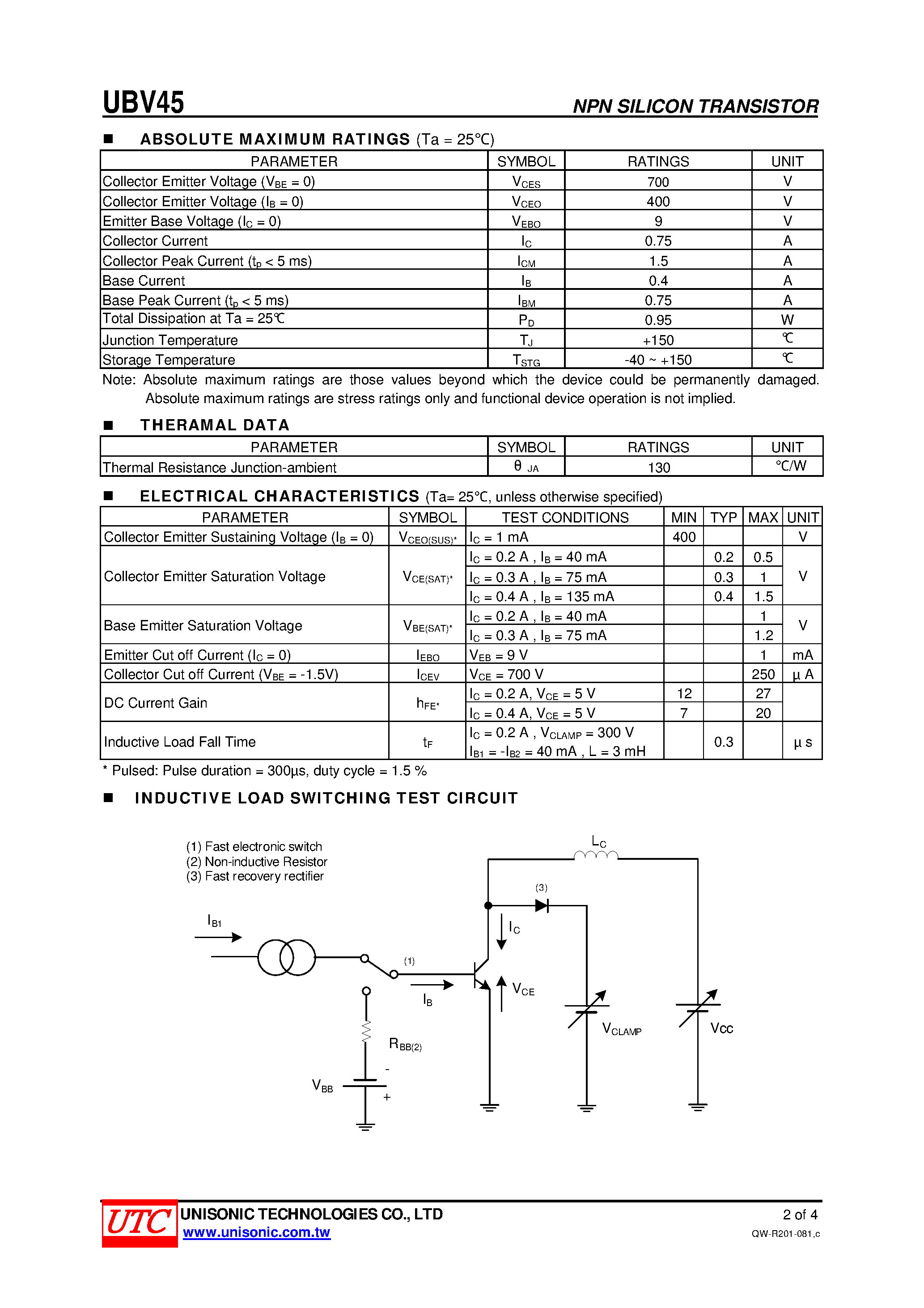 Datasheet UBV45 - HIGH VOLTAGE FAST SWITCHING NPN POWER APPLICATIONS page 2