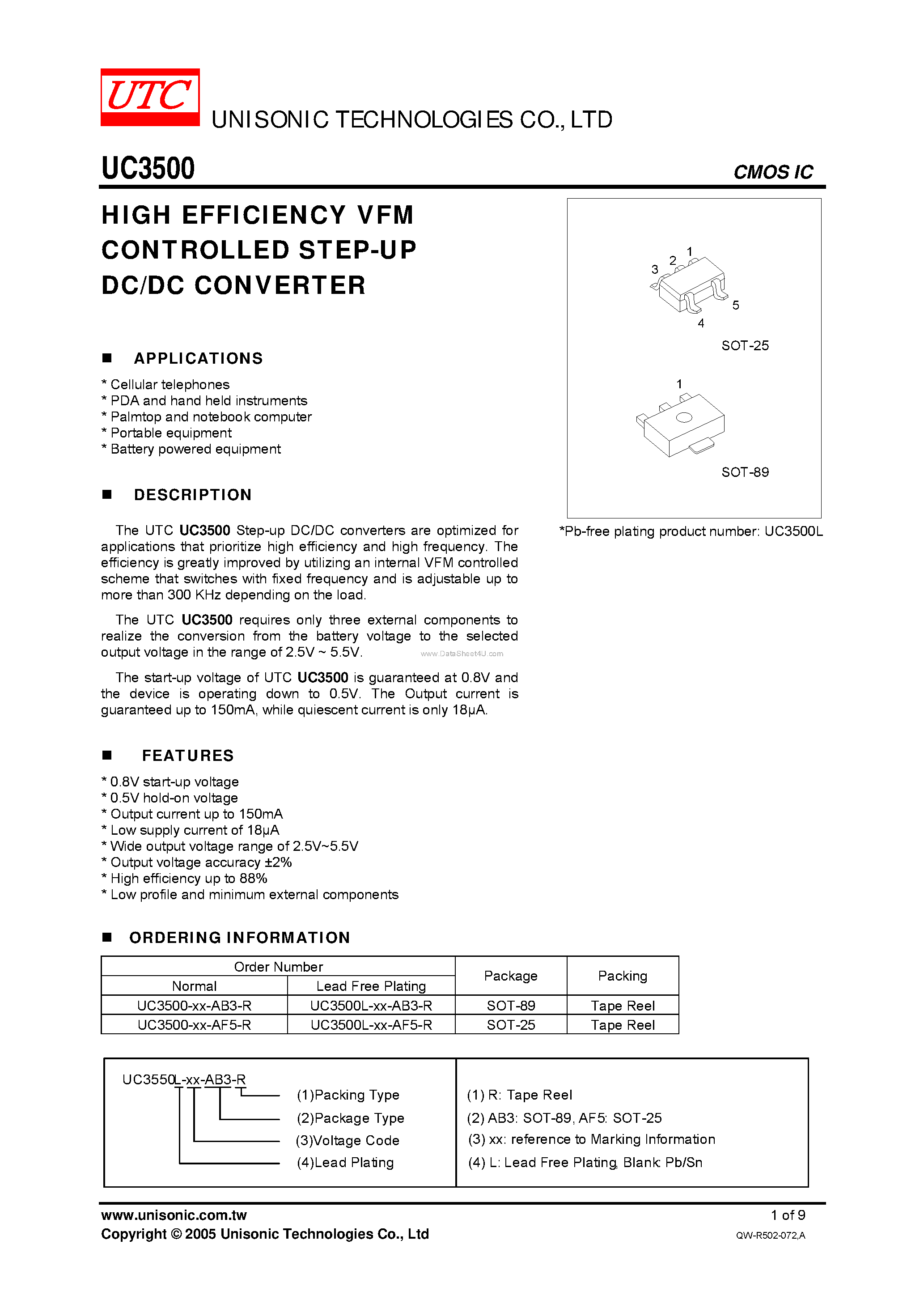 Datasheet UC3500 page 1 Datasheet UC3500 - HIGH EFFICIENCY VFM CONTROLLED STEP-UP DC/DC CONVERTER page 1