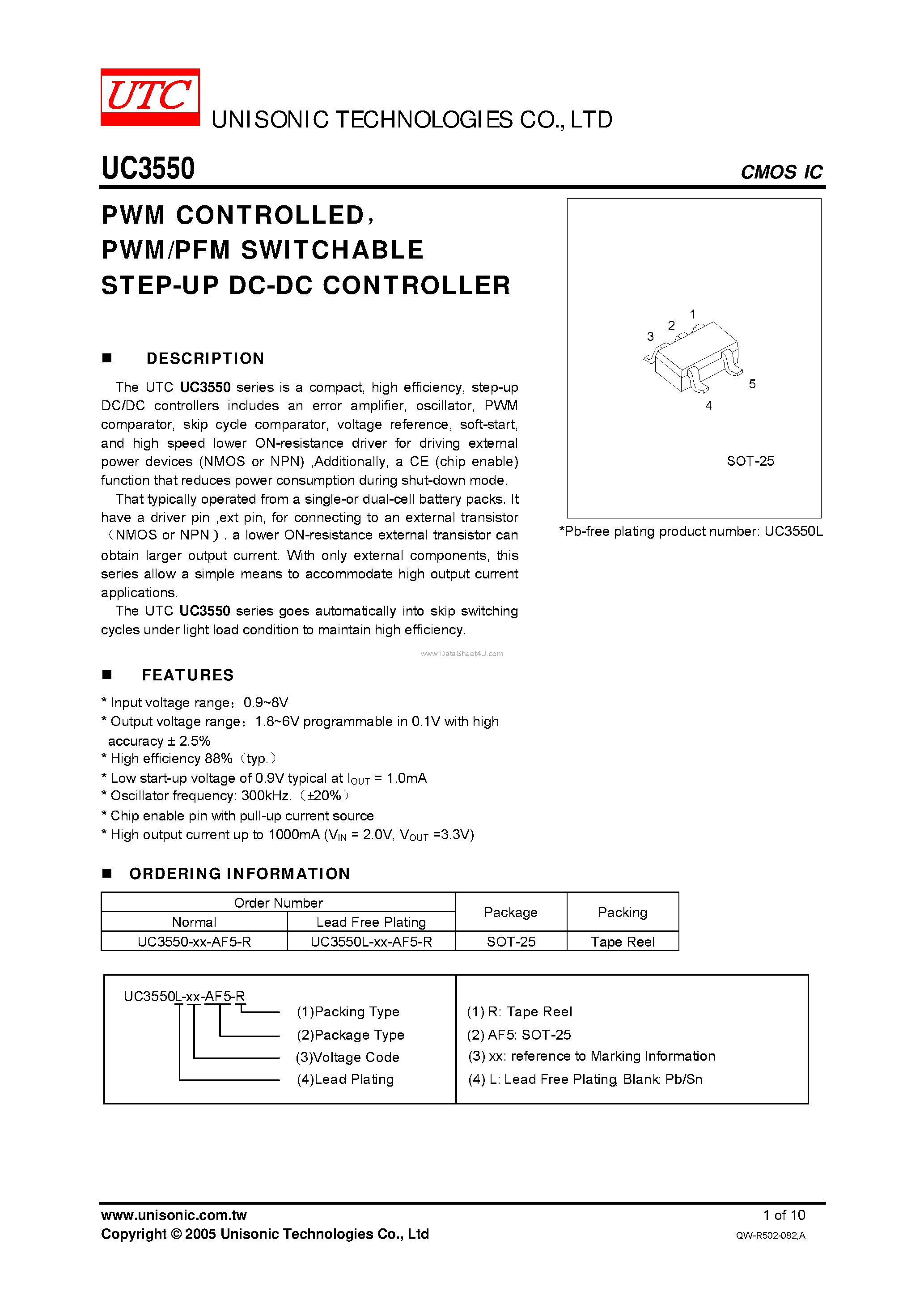 Datasheet UC3550 page 1 Datasheet UC3550 - PWM/PFM SWITCHABLE STEP-UP DC-DC CONTROLLER page 1