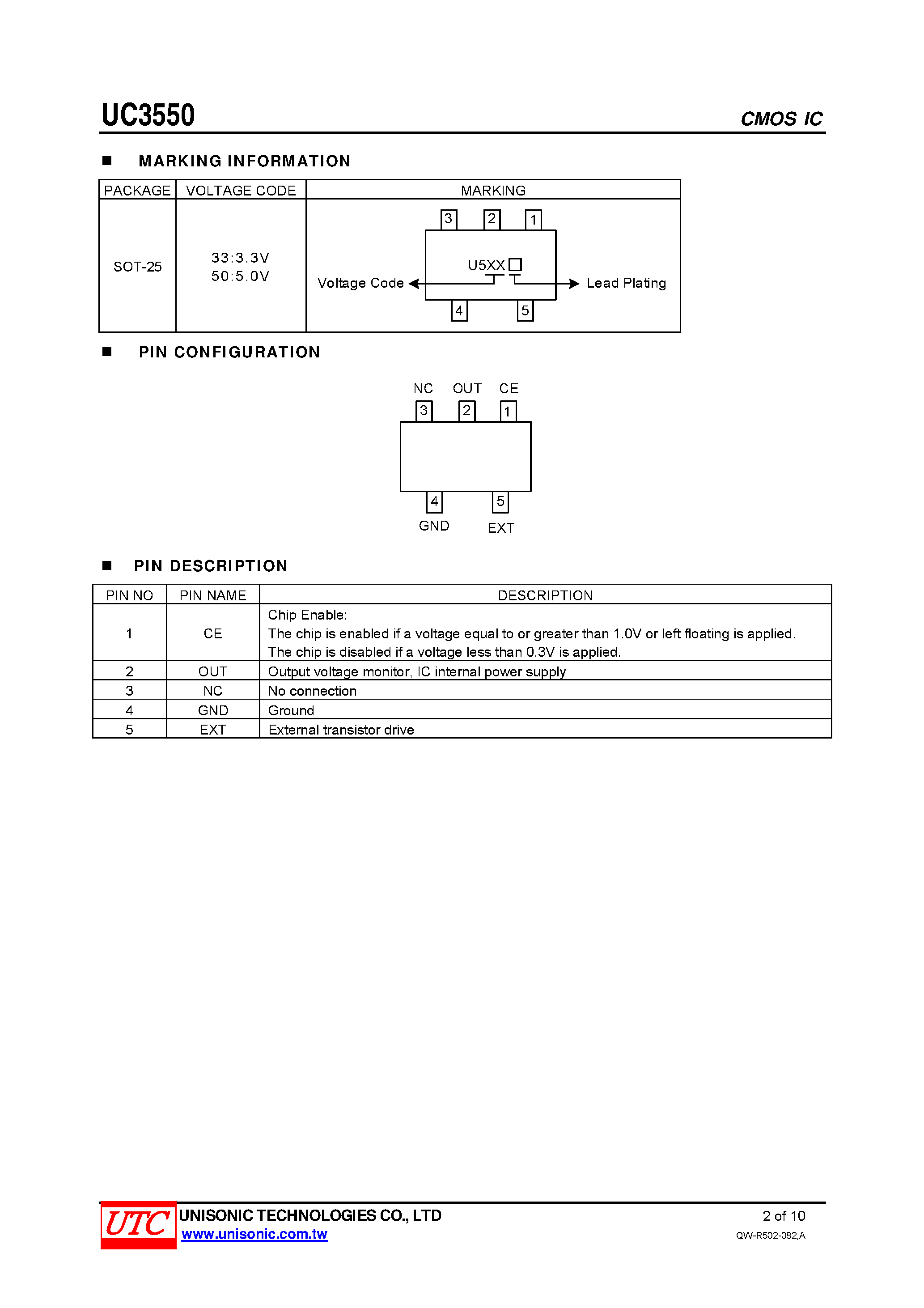 Datasheet UC3550 page 2 Datasheet UC3550 - PWM/PFM SWITCHABLE STEP-UP DC-DC CONTROLLER page 2