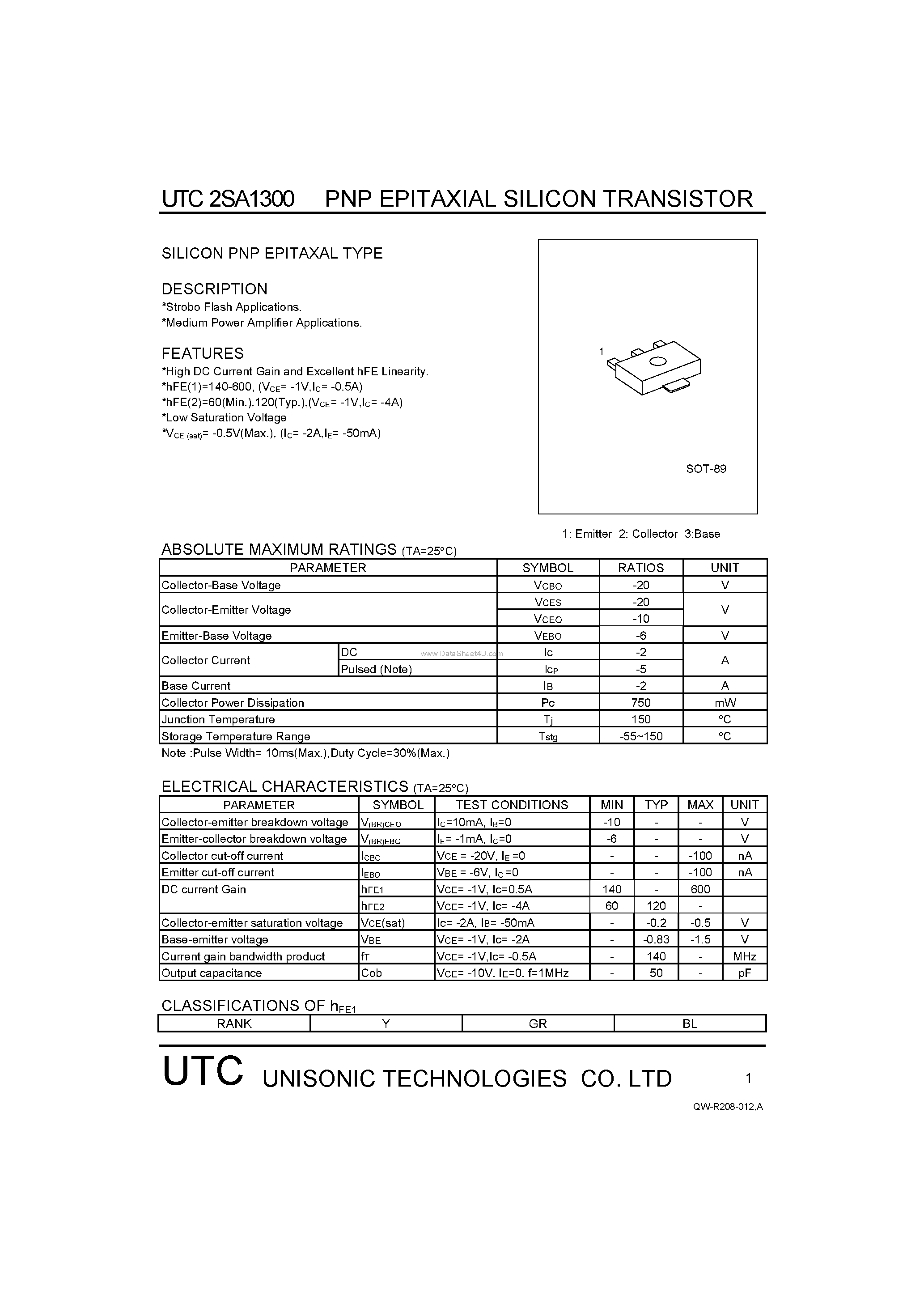 Datasheet 2SA1300 page 1 Datasheet 2SA1300 - PNP EPITAXIAL SILICON TRANSISTOR page 1