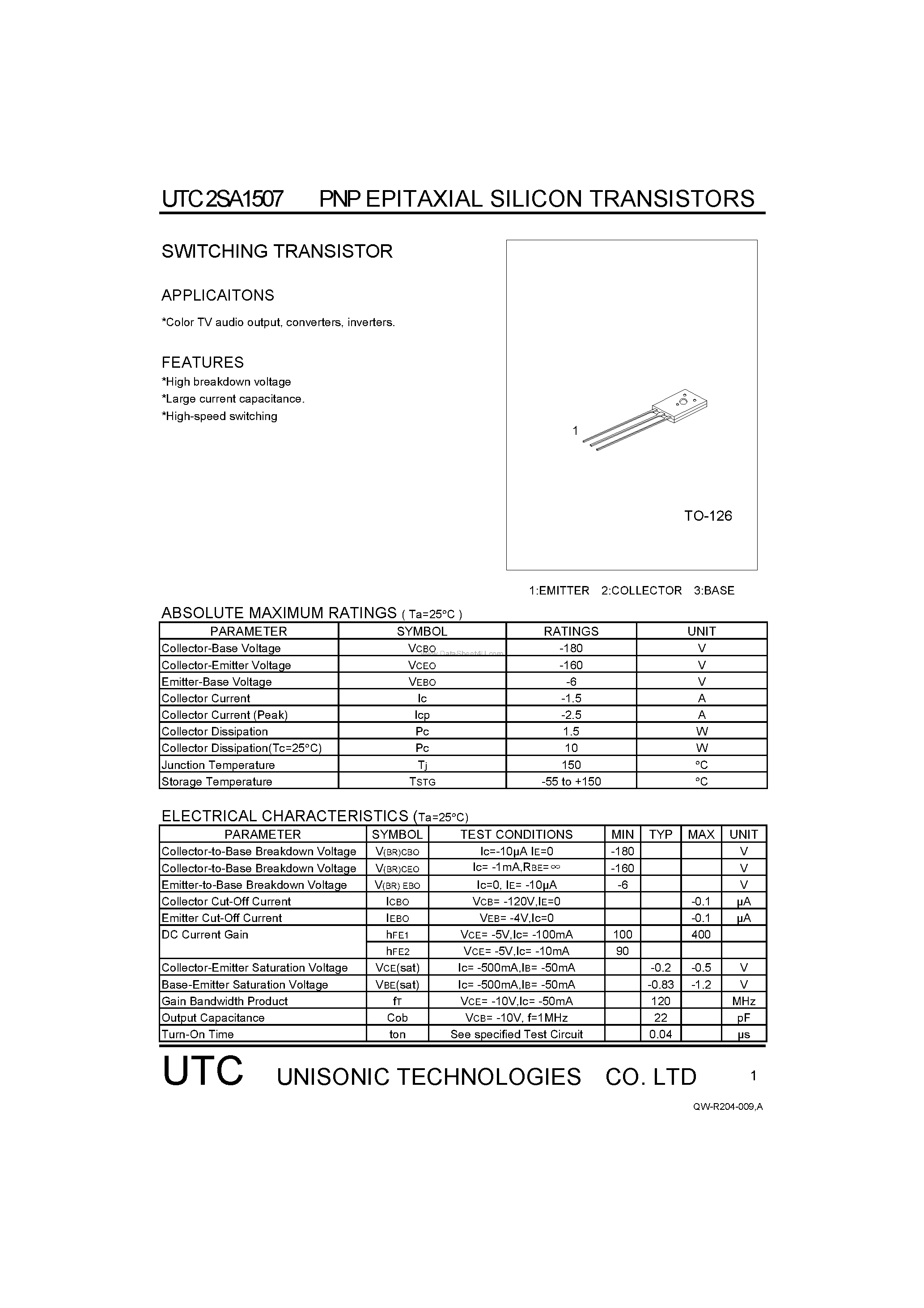 Datasheet 2SA1507 page 1 Datasheet 2SA1507 - SWITCHING TRANSISTOR page 1