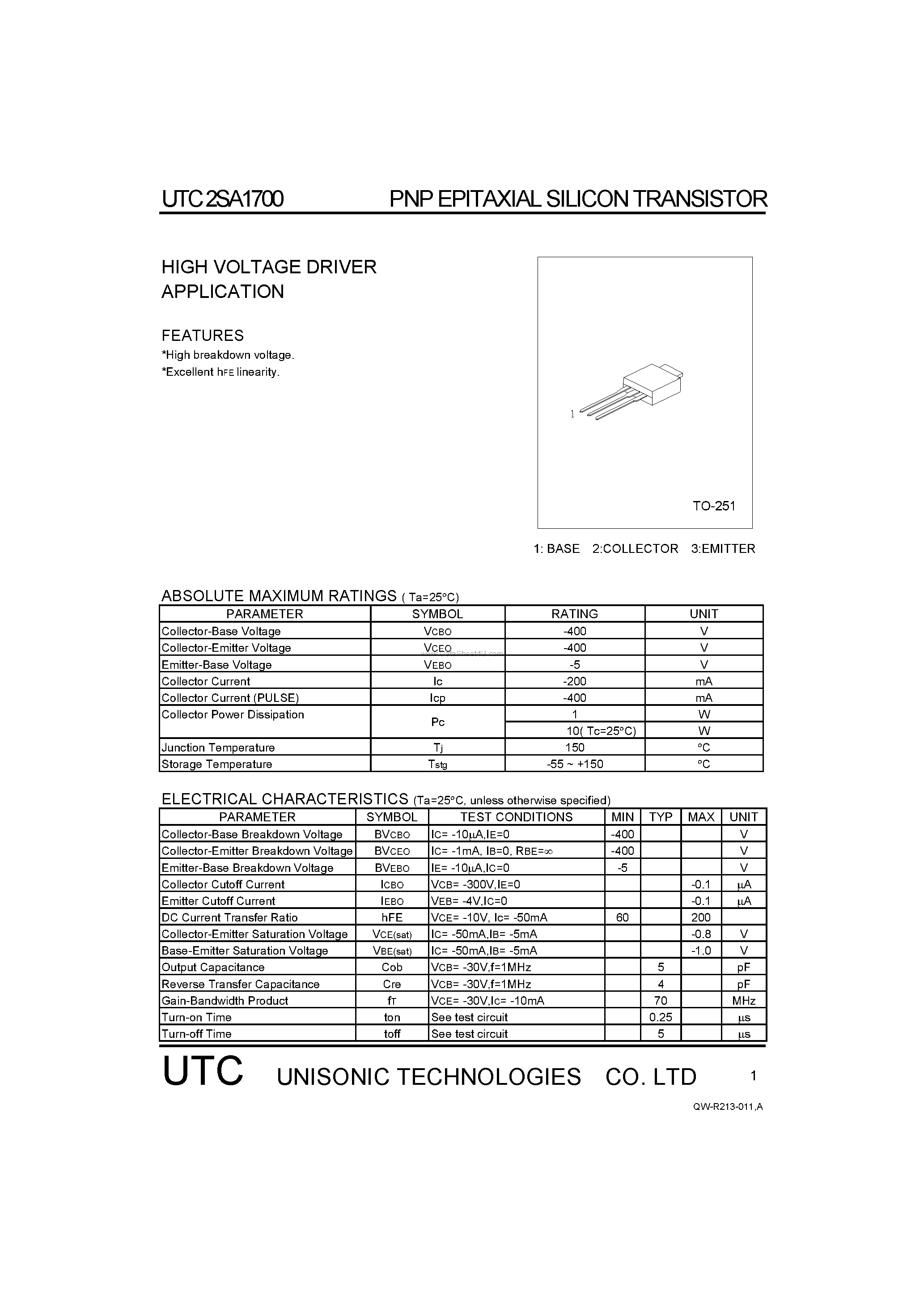 Datasheet 2SA1700 - HIGH VOLTAGE DRIVER APPLICATION page 1