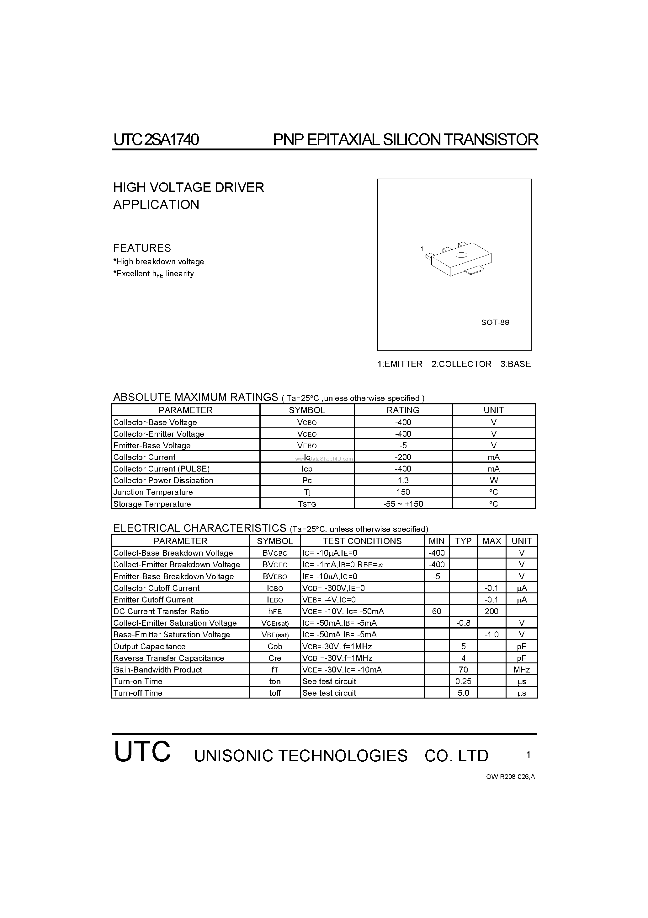 Datasheet 2SA1740 - HIGH VOLTAGE DRIVER APPLICATION page 1