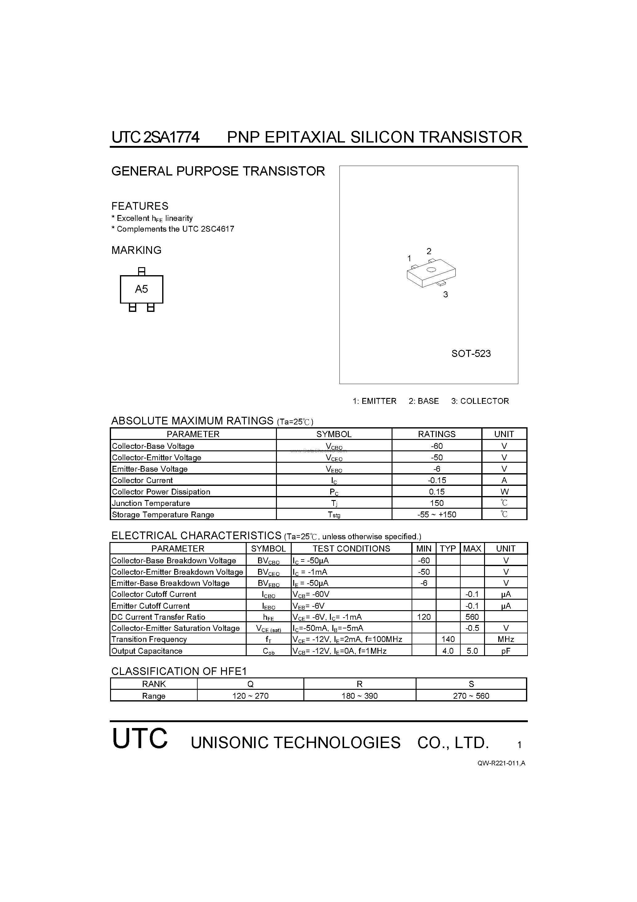 Datasheet 2SA1774 page 1 Datasheet 2SA1774 - GENERAL PURPOSE TRANSISTOR page 1