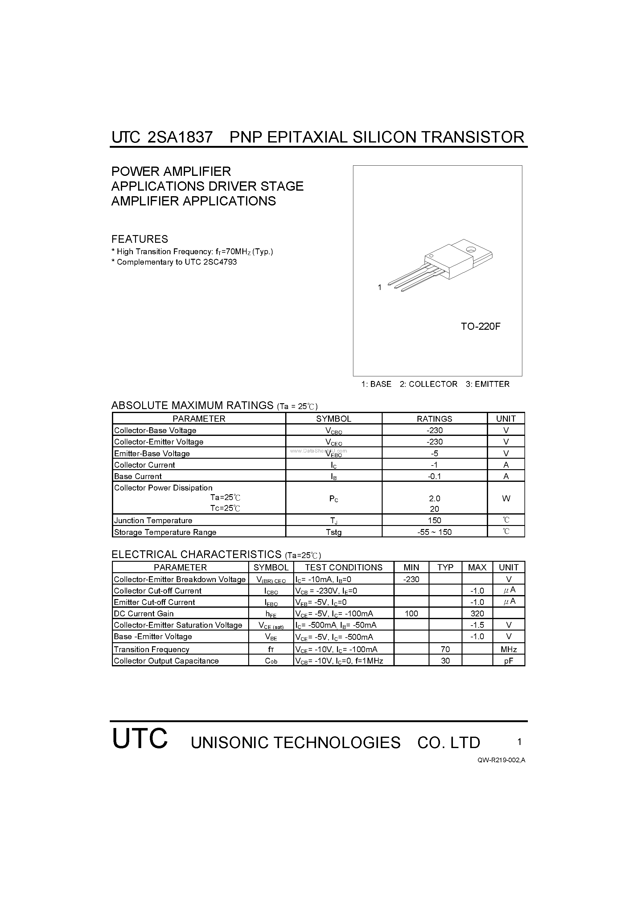 Datasheet 2SA1837 - POWER AMPLIFIER APPLICATIONS DRIVER STAGE AMPLIFIER APPLICATIONS page 1