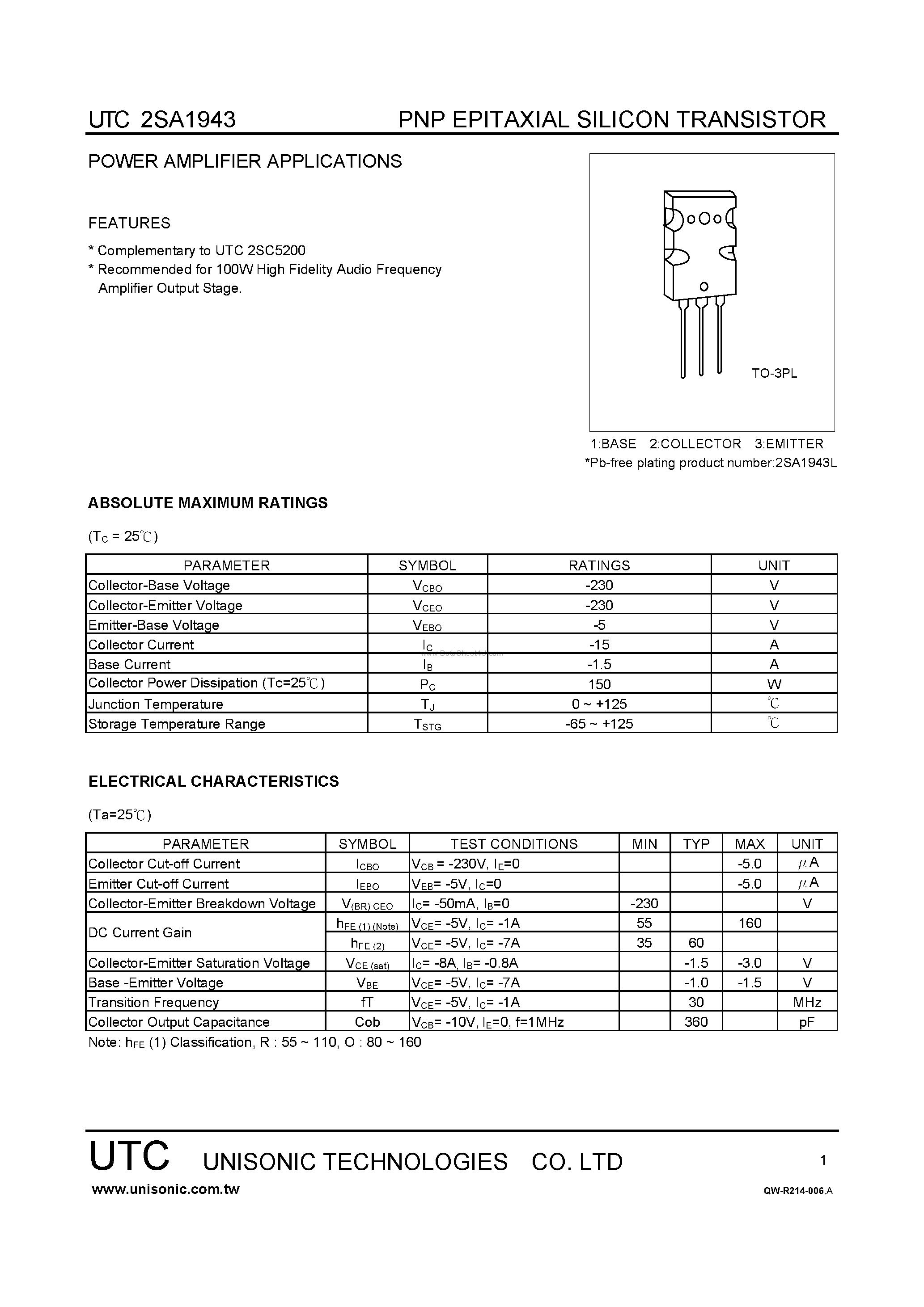 Datasheet 2SA1943 - POWER AMPLIFIER APPLICATIONS page 1