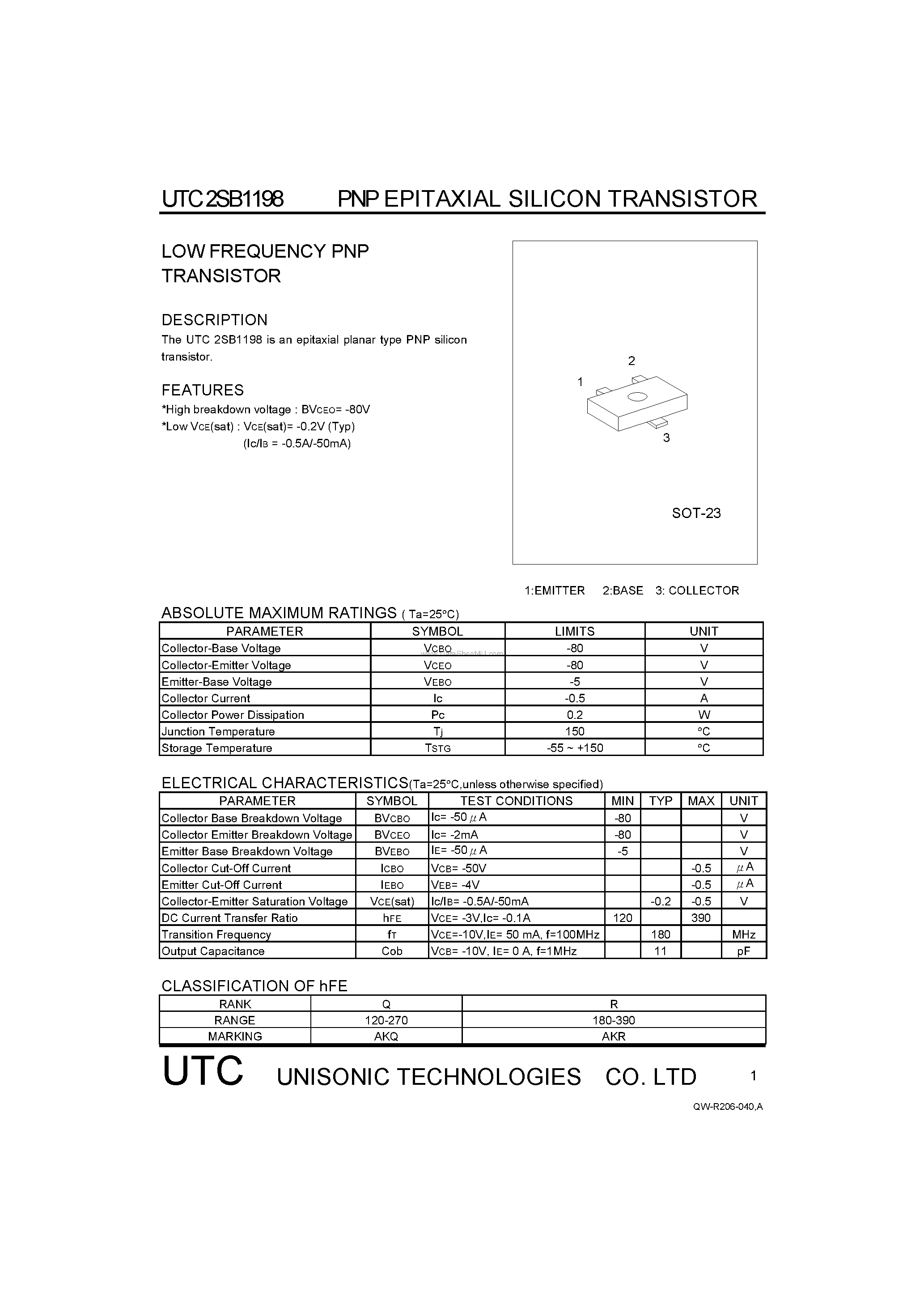 Datasheet 2SB1198 - LOW FREQUENCY PNP TRANSISTOR page 1